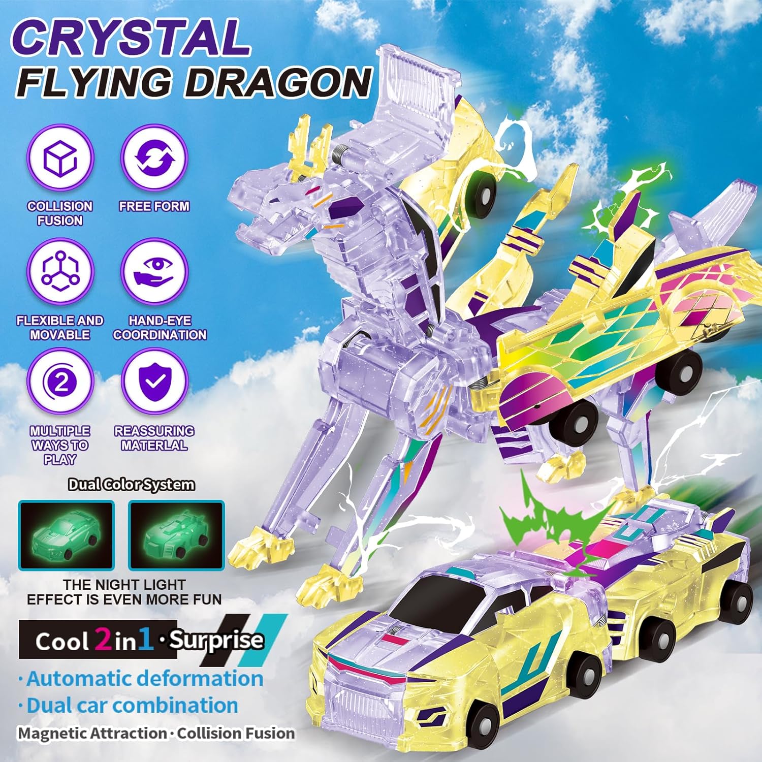 Collision Transforming Dinosaur car Toy | 2-in-1 robo Crash Magnetic Race Cars | Transform into Dinosaurs Robot Toys | for Boys & Girls Age 4-8 (Crystal Purple Dragon)