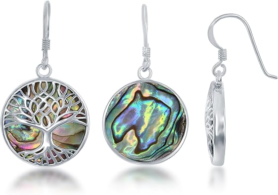 Sterling Silver Natural Turquoise/Abalone/Mother-of-Pearl Stone Tree of Life Circle Dangle Earrings