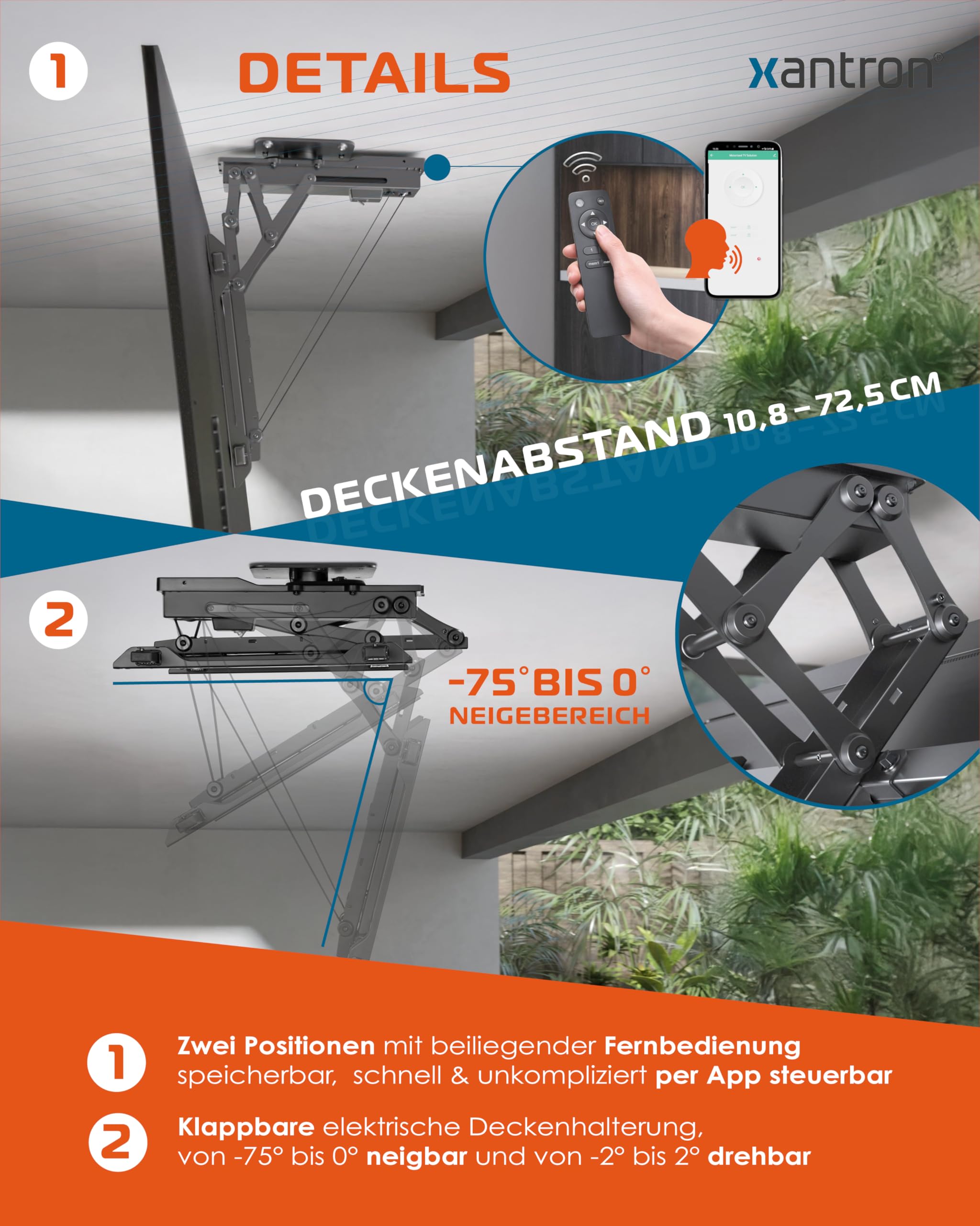 Xantron® DEHA-600E-Roto Soporte de techo para TV Eléctrico Abatible, Inclinable y Giratoria / 81-190 cm [Control por voz] Soporte de techo para televisor/monitor Soporte de techo/Soporte de TV incl