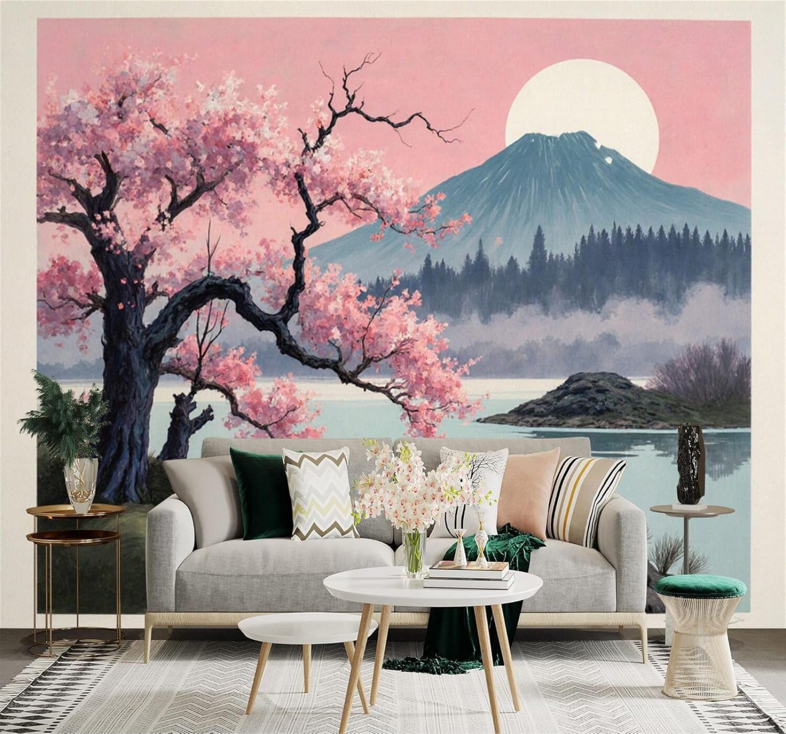 Xlming 300Cm×210Cm(B×H) Ethereal Cherry Blossom Trees Mountain Ranges Lakes Sunrise 3D Wallpaper Premium Textured Silk Study Dining Living Room Bedroom Sofa Tv Wall Easy Install-300Cm×210Cm