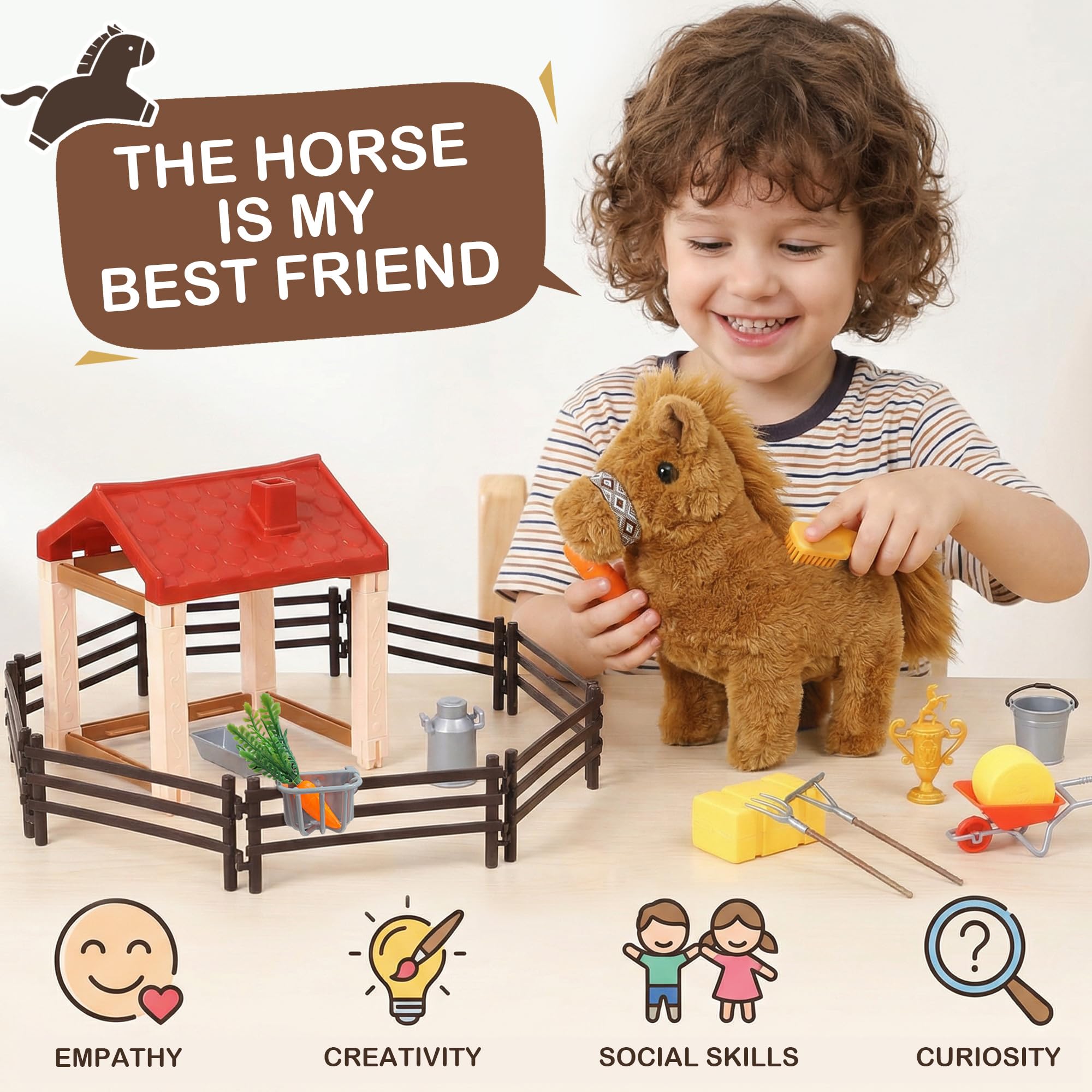 Tacobear Interaktives Pferd Spielzeug für Kinder, Kuscheltier Pferd der Läuft mit Stall & Zaun, Elektronisches Haustier Plüsch Pony mit Sound, Geschenk für Mädchen Jungen 3 4 5 6 7 8 Jahre
