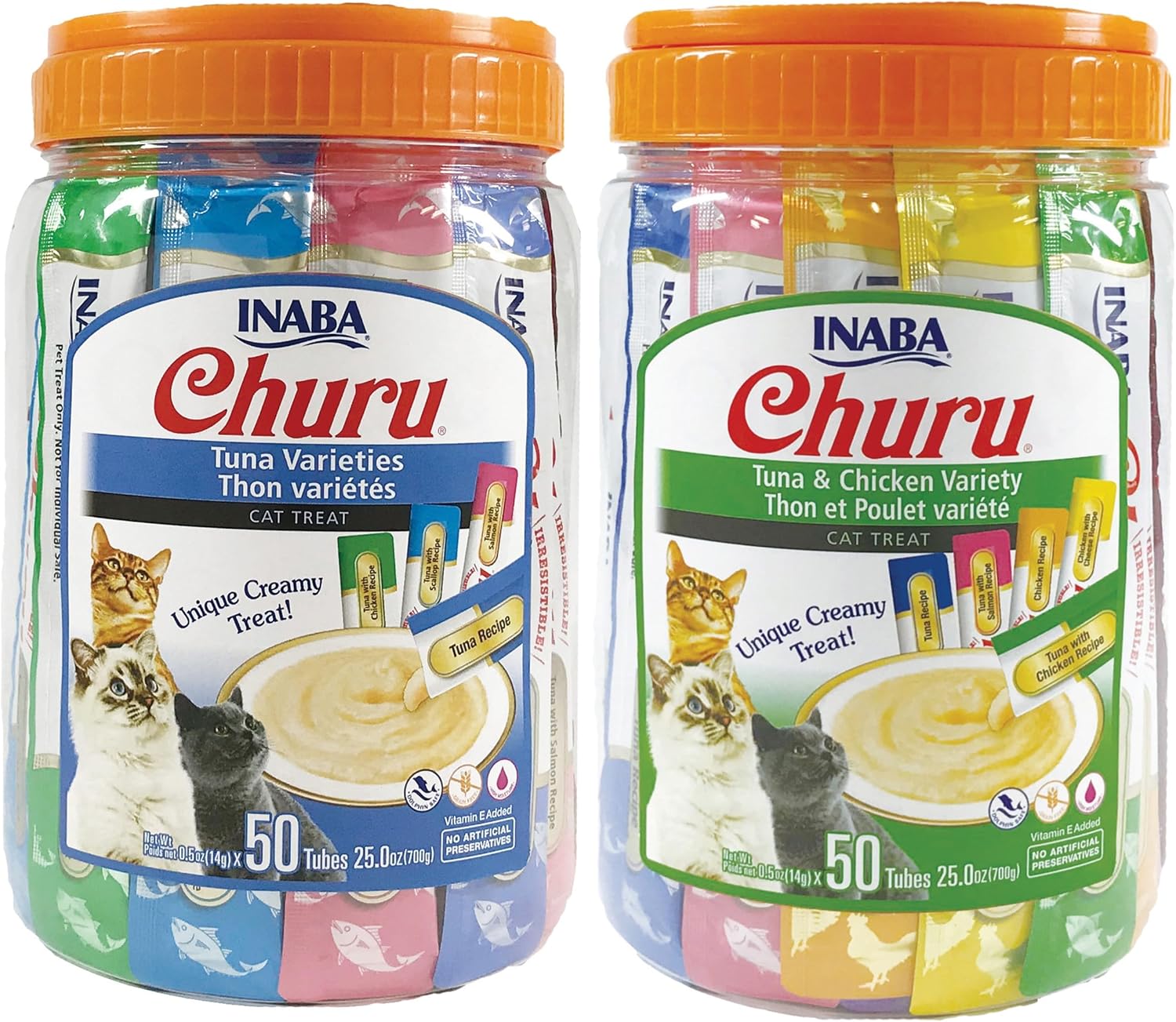 INABA Bundle Churu Cat Treats, Lickable, Squeezable Creamy Purée with Vitamin E & Taurine, 0.5 Ounces Each Tube, Tuna & Chicken Variety and Tuna Variety 100 Tubes Total