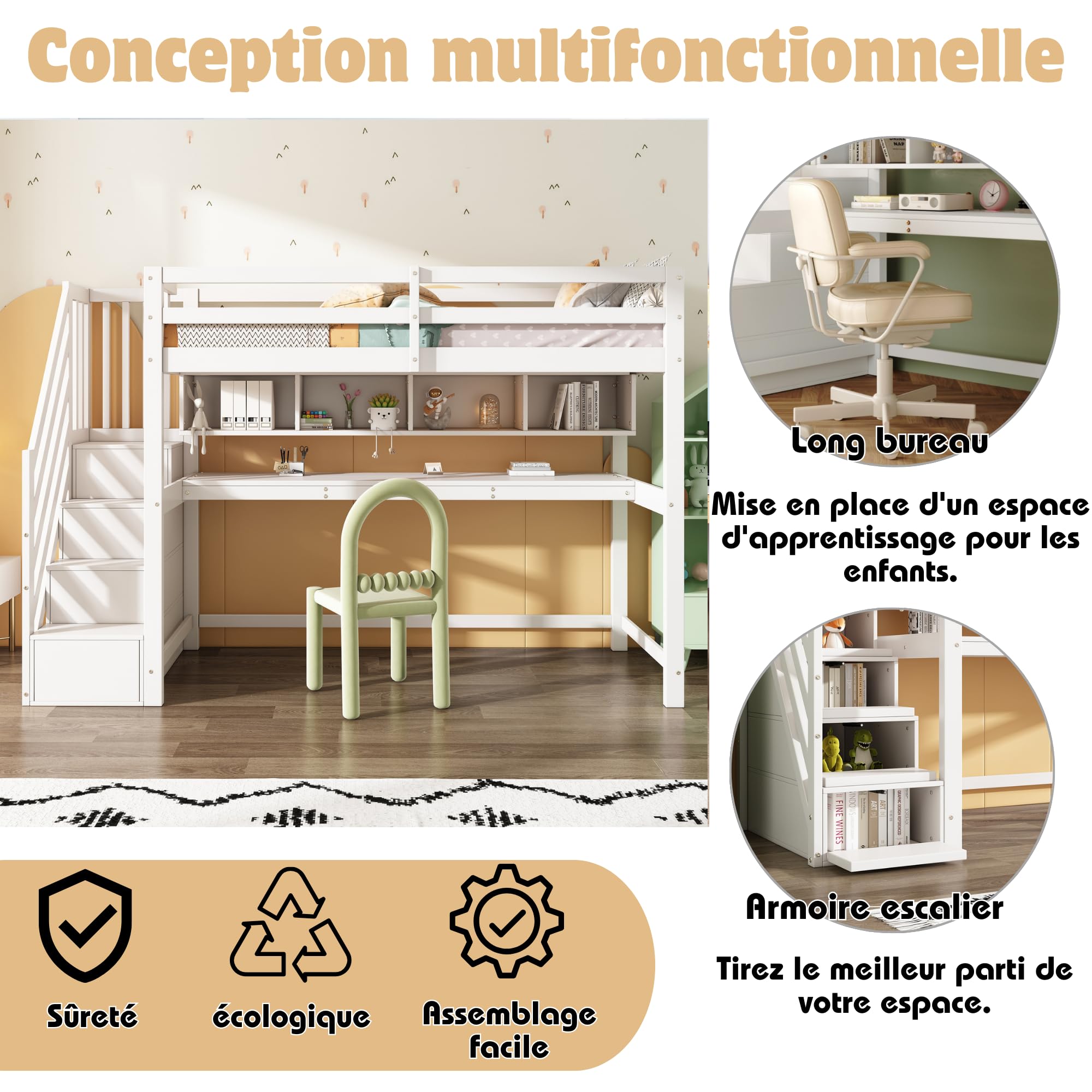 Hochbett Kinder 90x200 mit Schreibtisch, Kinderbett mit Stauraum-Treppe und Bücherregalen, Massivem Kiefernholz, Weiß,1 Kinder (B-Weiß)