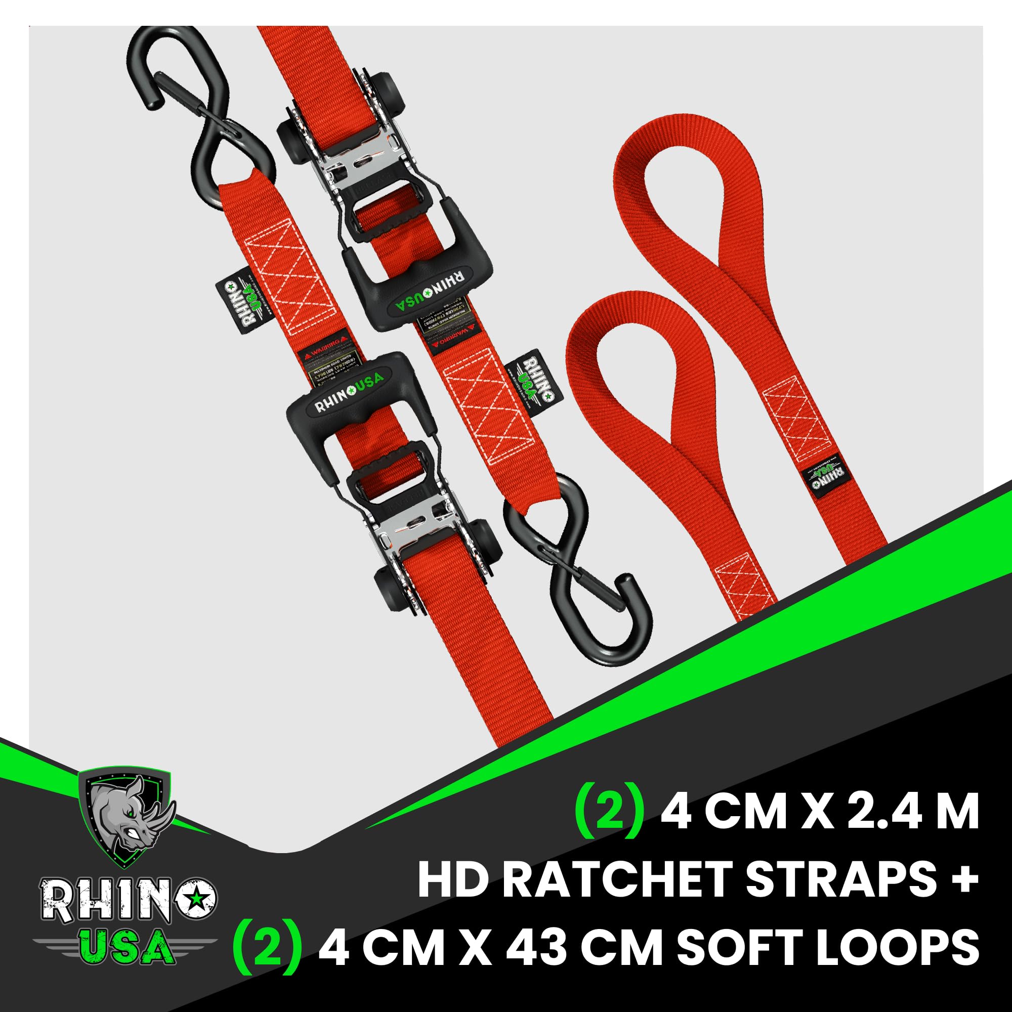 Rhino USA Ratchet Straps Heavy Duty Kit (2-Pack), 4cm x 2.4m (2,000kg Break Strength) - Image 4
