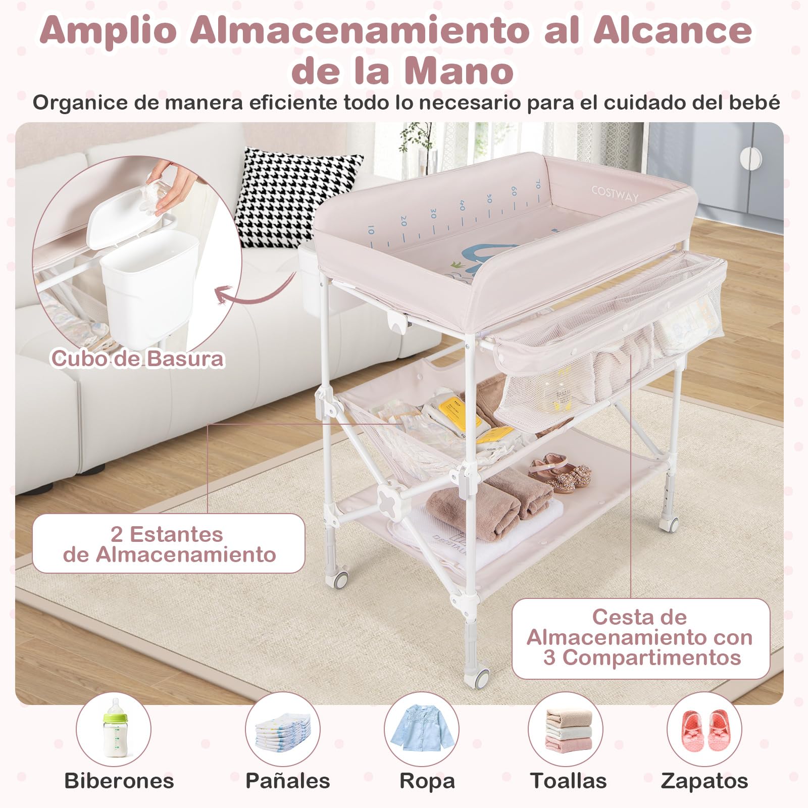 COSTWAY Cambiador Bebé Plegable con Ruedas Bloqueables, Cambiador Portátil Impermeable con 3 Alturas Ajustables, 2 Estantes y Bote de Basura, Cesta de Almacenamiento (Beige)
