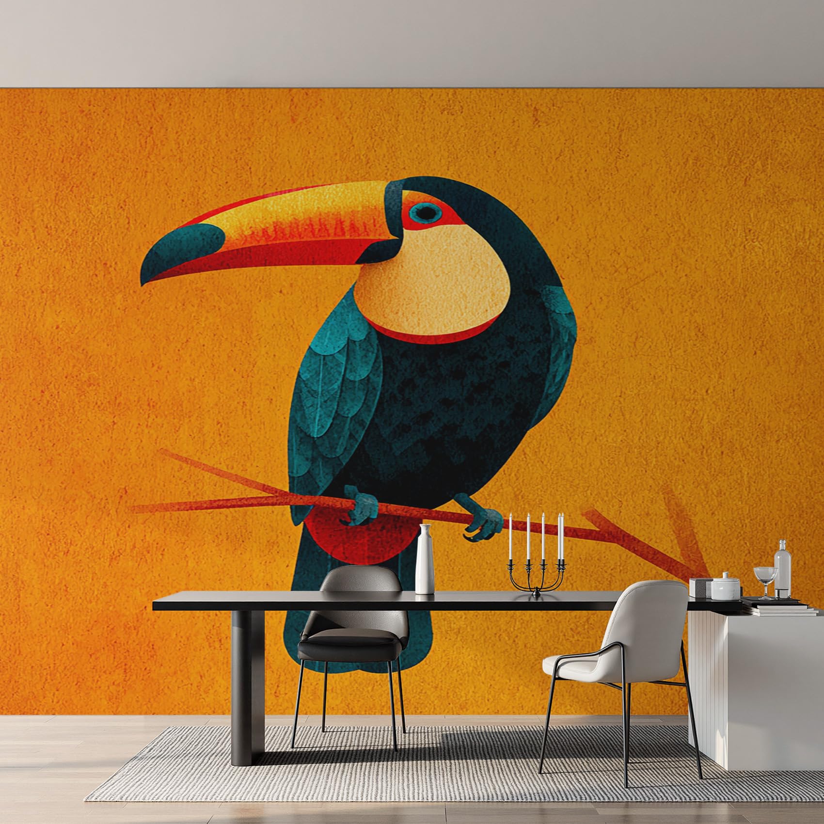 Papier peint panoramique toucan 250x175 cm pour un salon tropical