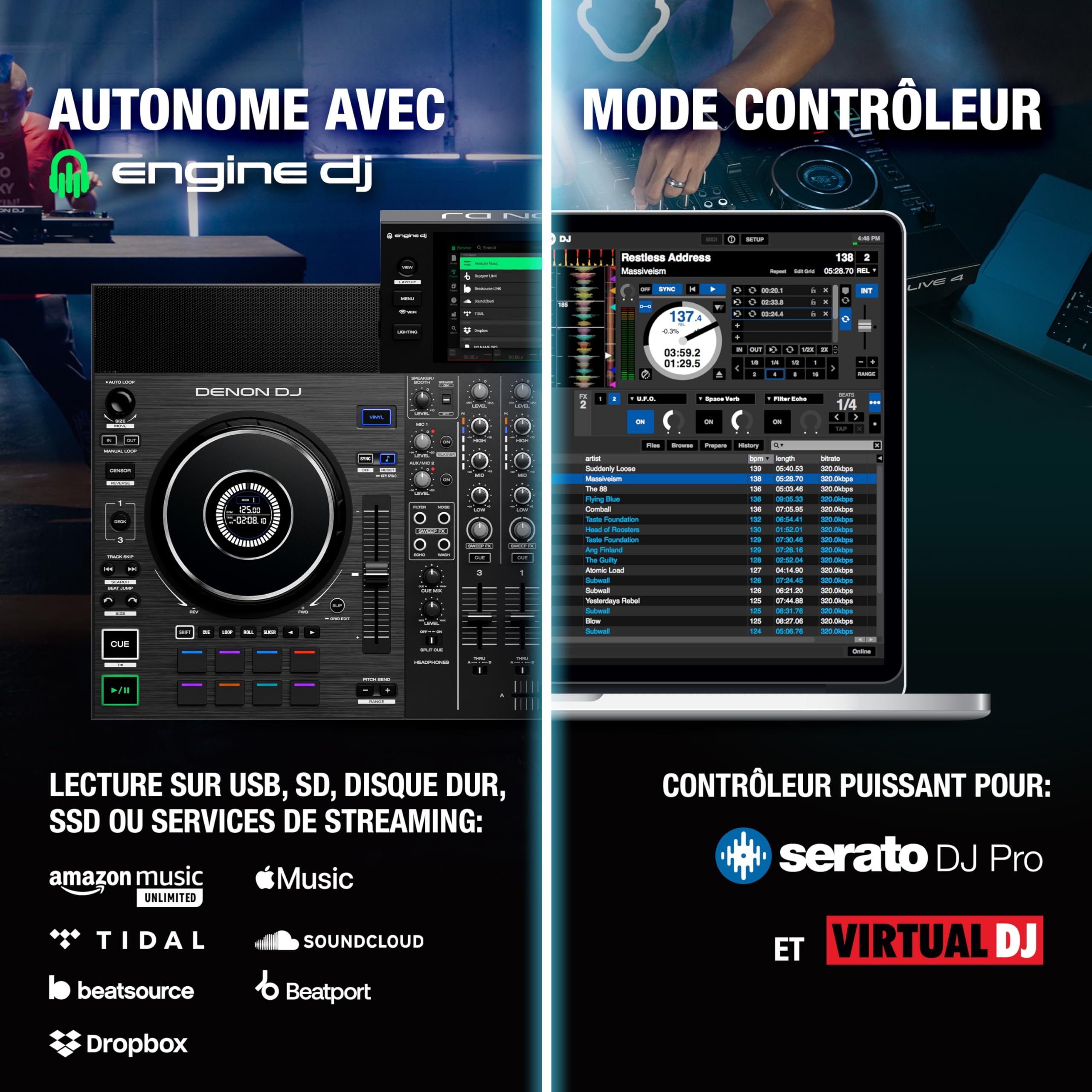 Denon DJ SC LIVE 4 contrôleur DJ autonome avec séparation Stems sur 4 platines, Wi-Fi, haut-parleurs intégrés, compatible Serato DJ et Virtual DJ