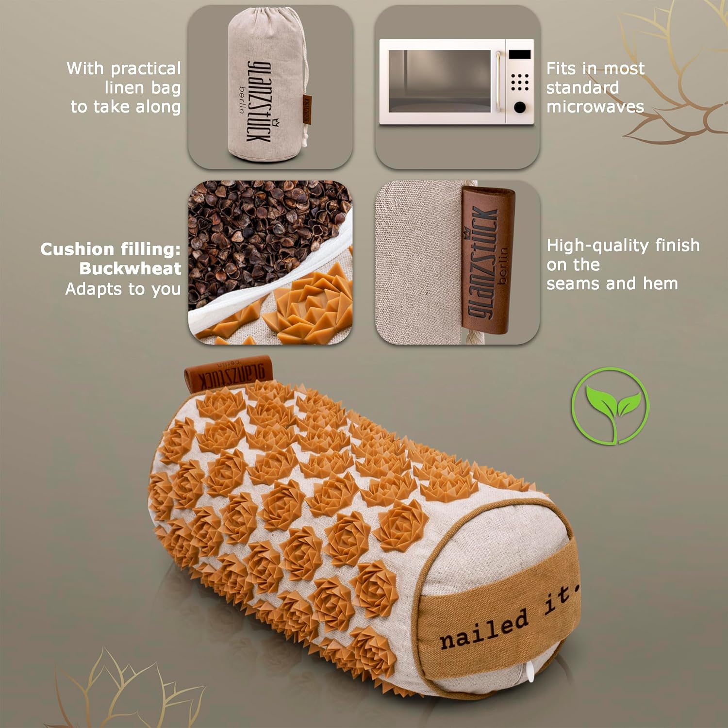 Glanzstck Berlin Health Collection - Premium Acupressure Neck Roll Pillow with Thermal Heat for Neck Pain, Tension and Headaches; Made of Sustainable Linen - Image 3