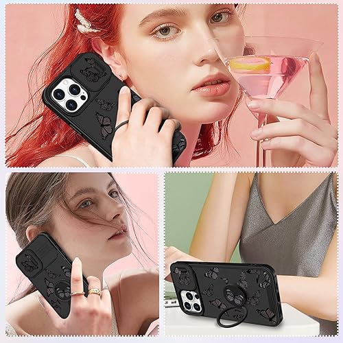 Miniatura 6 de Funda 2 en 1 para iPhone 15 Pro con diseño de mariposa para mujeres y niñas, bonita funda kawaii para adolescentes, diseño estético negro con funda