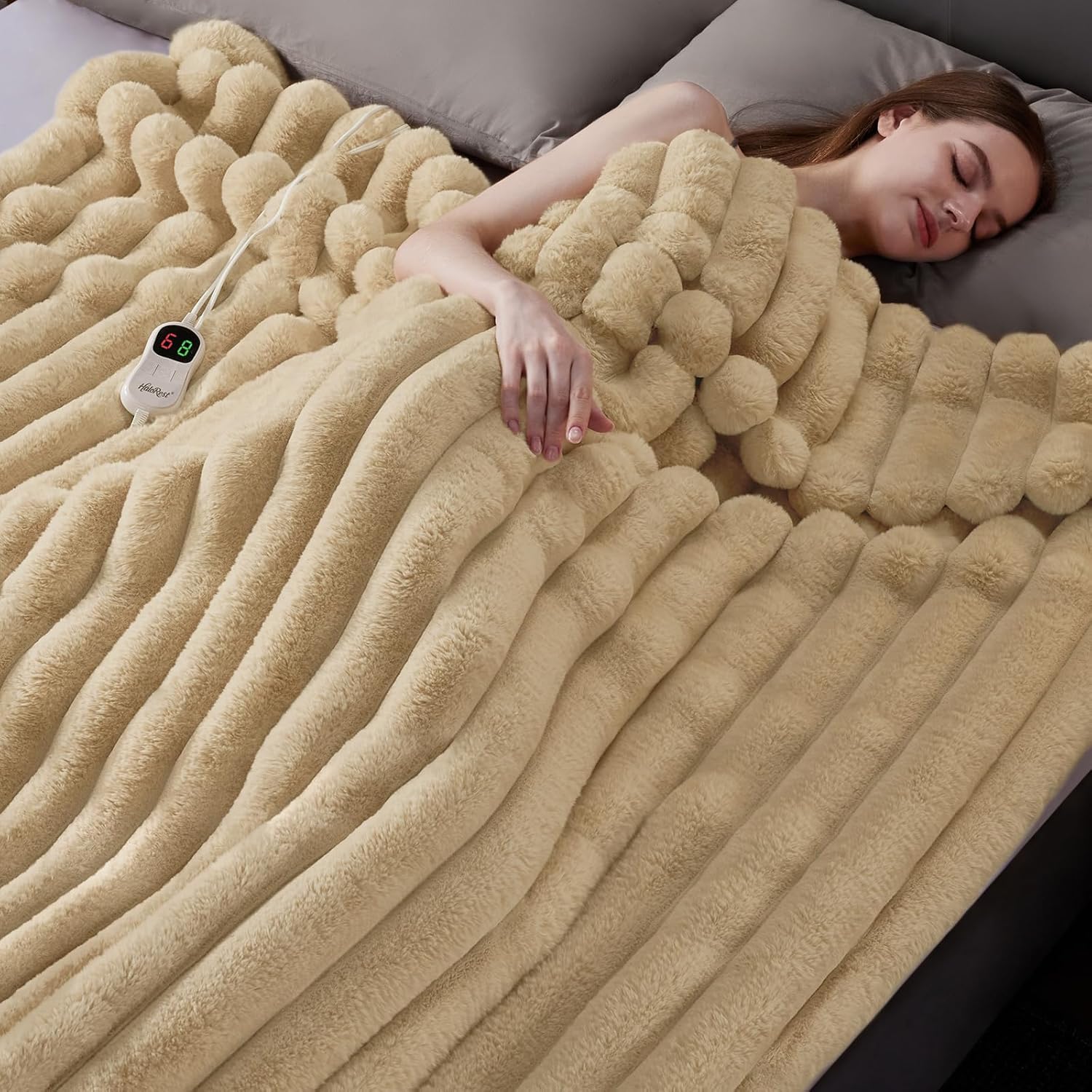 Heated Throw Blanket, Faux Fur Cozy Heating Blanket with Overheat Protection, 1/2/4/6/8 Hours Auto-Off 10 Heat Level, Machine Washable (50x60 Inches, Beige) - Image 6