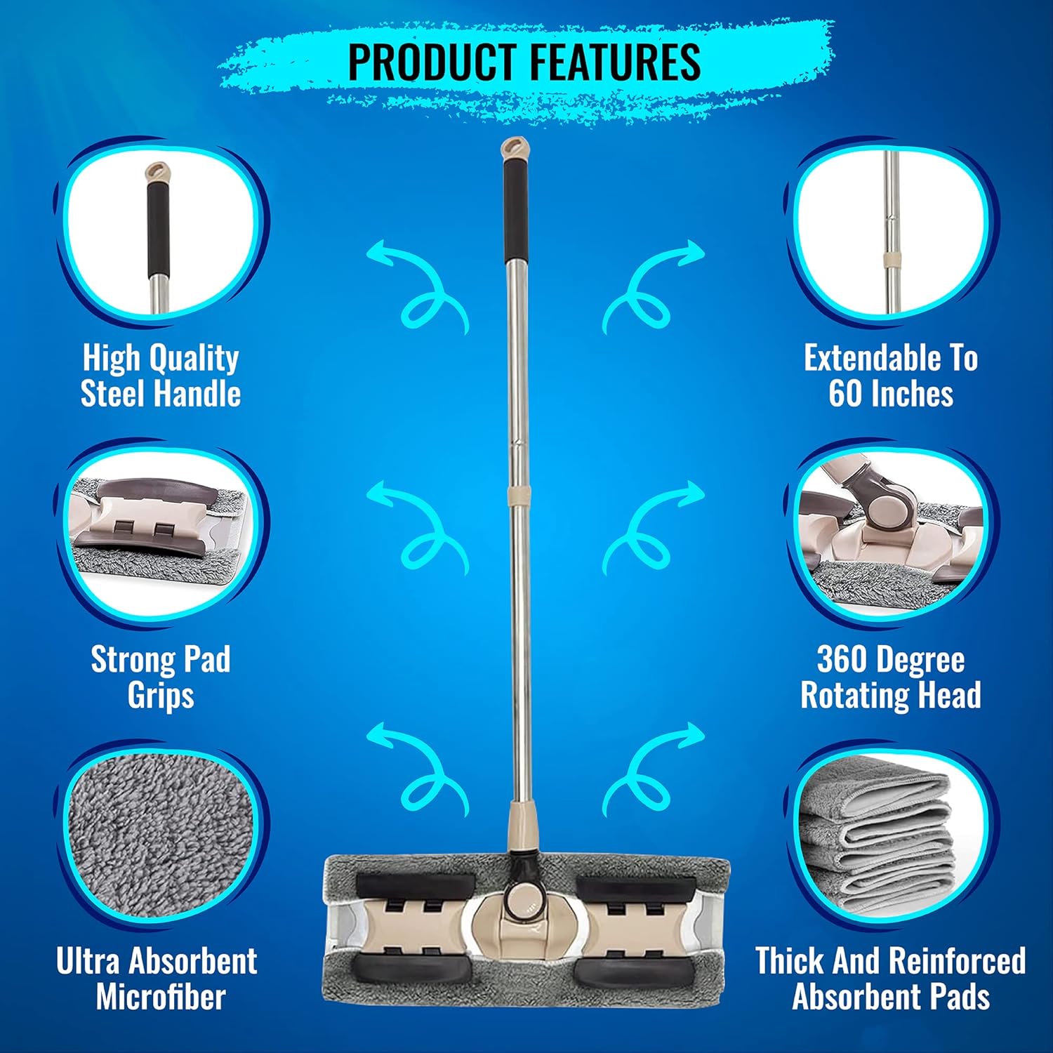 MAYSHINE Microfiber Hardwood Floor Wet and Dry Dust Mop w/ 5 Reusable Pads, 360 Spin Mop System | Use on Wood, Tile, Laminate, Vinyl and More | Flat Mop with 60" Extendable Stainless Steel Handle : Health & Household