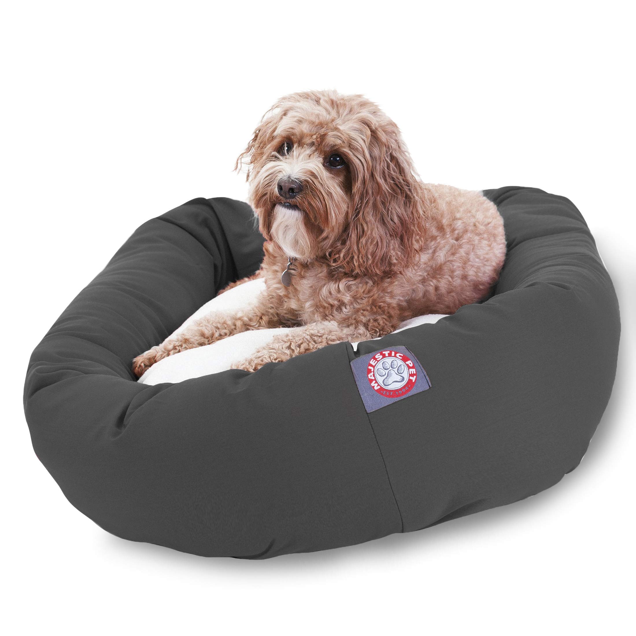 Majestic Pet 32 Inch Poly-Cotton Sherpa Calming Round Dog Bed - Washable, Soft, with Head Support - Fluffy Donut Design, Gray (32x23x7 Inch) - Medium