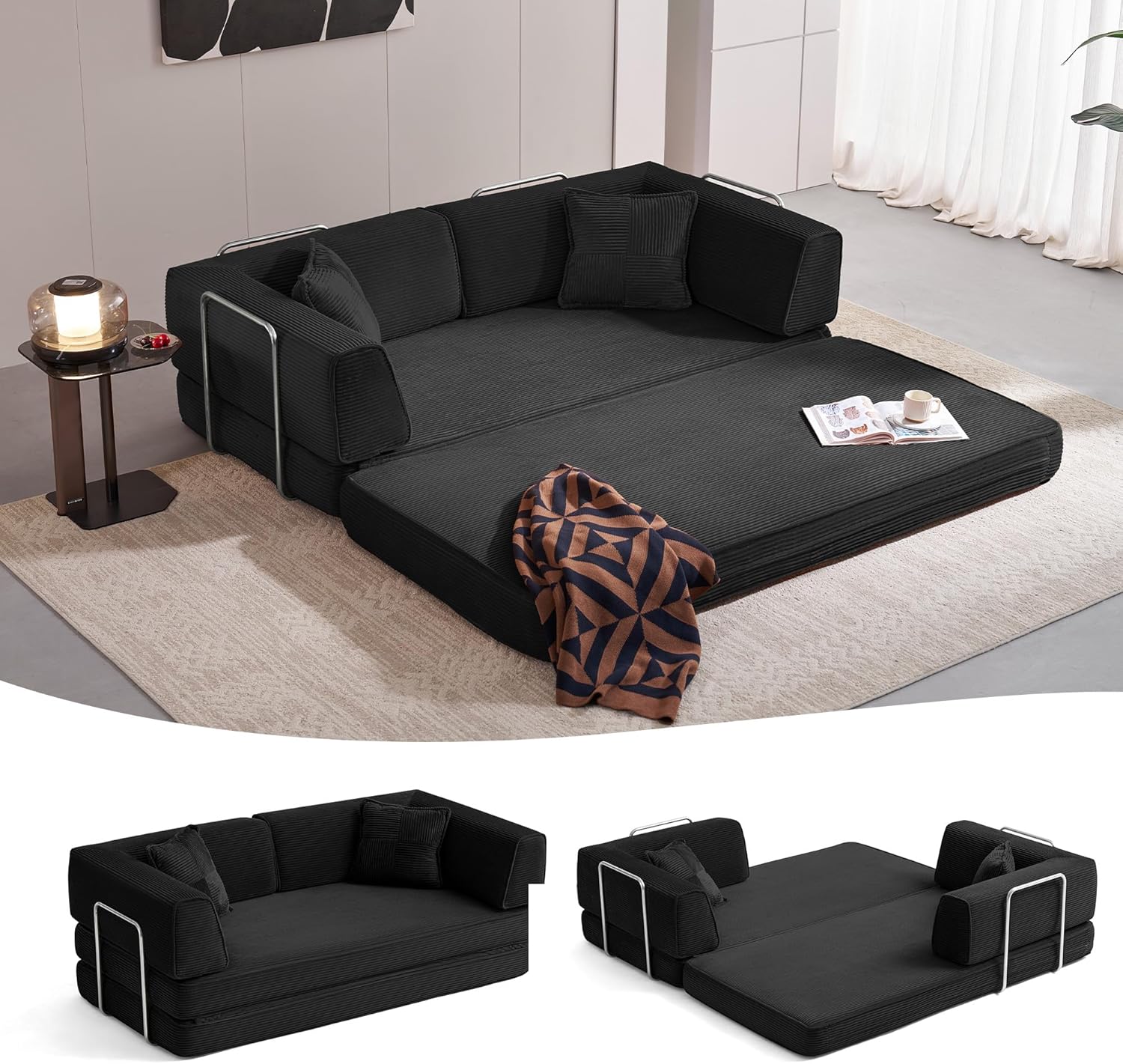 LINSY HOME Sofa Bed Couch - Convertible Boneless Couch Bed with 2 Pillow (Black) | Folding Sofa Bed, Corduroy Material, No Assembly, Compressed Sofa, Couch in a Box