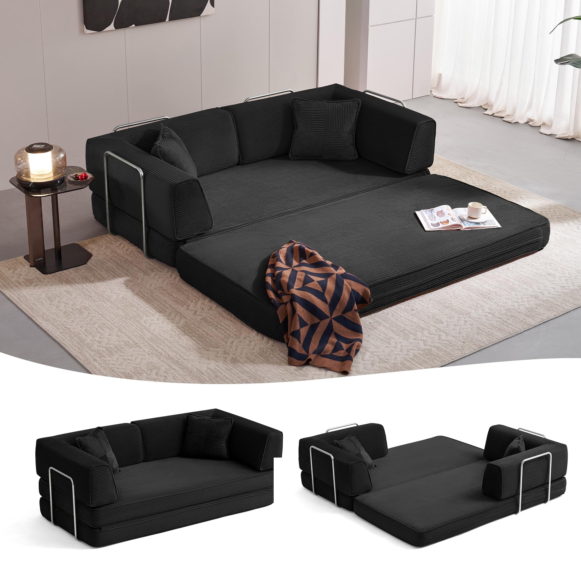 LINSY HOME Sofa Bed Couch - Convertible Boneless Couch Bed with 2 Pillow Black Folding Sofa Bed Corduroy