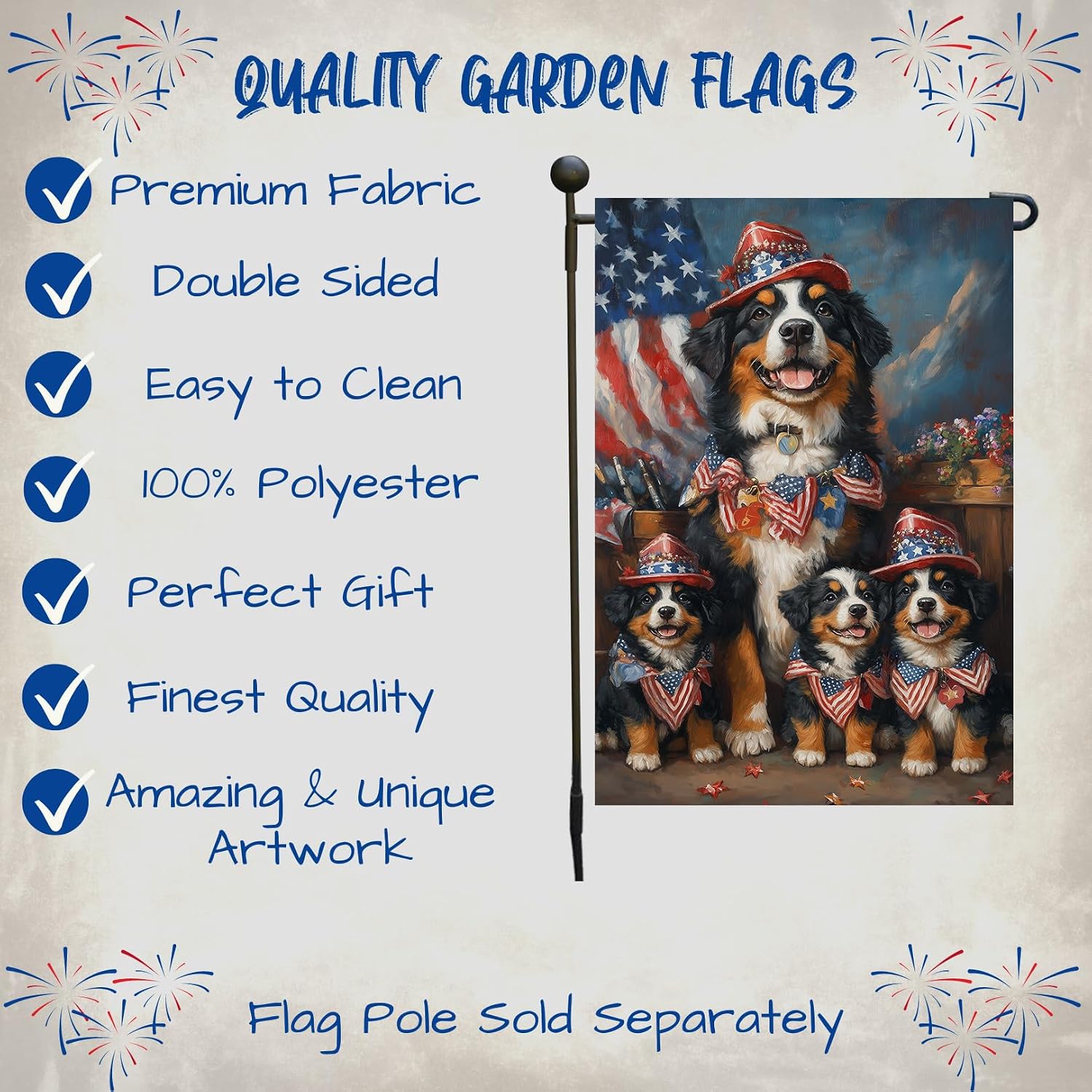 Bernese Mountain Dog 4th of July Outfit Independence Day Garden Flag – Personalized Patriotic Yard Decor with Cute Dogs Outdoor Decoration for Lawn, Porch or Patio, 12 1/2"w x 18"h, Double Sided