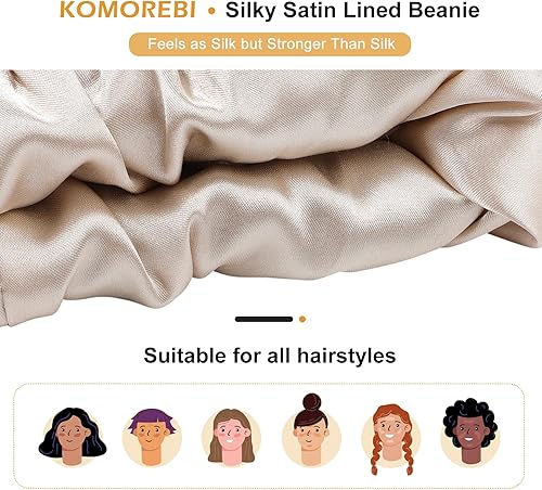 Miniatura 6 de Komorebi Gorro holgado con forro de satén para mujer, gorro de punto de invierno cálido con puños