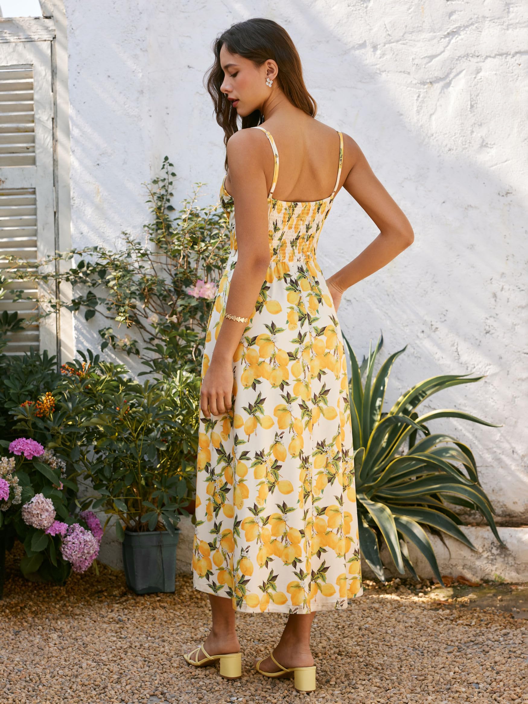 CIDER Sonnenkleider für Damen, Zitronengelb, Spaghettiträger, A-Linie, quadratischer Ausschnitt, Maxikleid, Urlaub, Party, Strand, Outfits