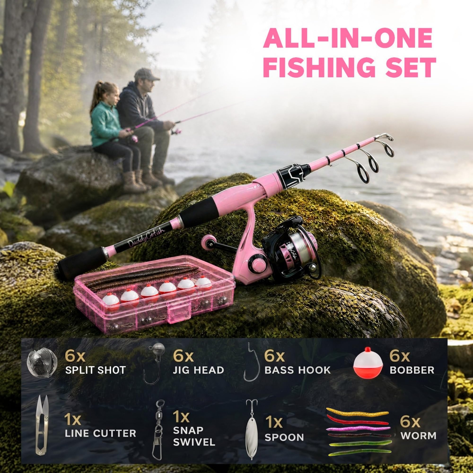 Daddygofish Juego Combinado De Caña De Pescar Y Carrete Giratorio con Caja De Aparejos | Caña De Pescar | Kit De Caña De Pescar Telescópica De Fibra De Carbono | Carrete Giratorio para Kit