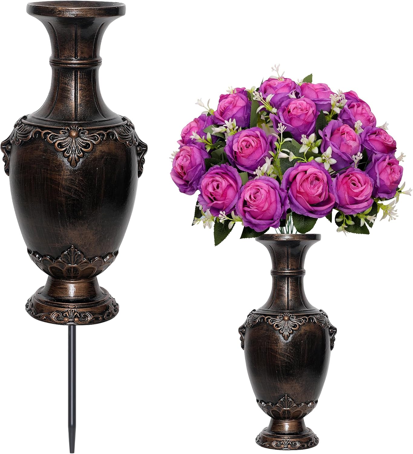 Memorial Grave Vase with Ground Spikes,Cemetery Vase, Headstones Flower Holder, Vases for Artificial Flowers for Grave Markers Cemetery Decorations ﻿ (2, Bronze)