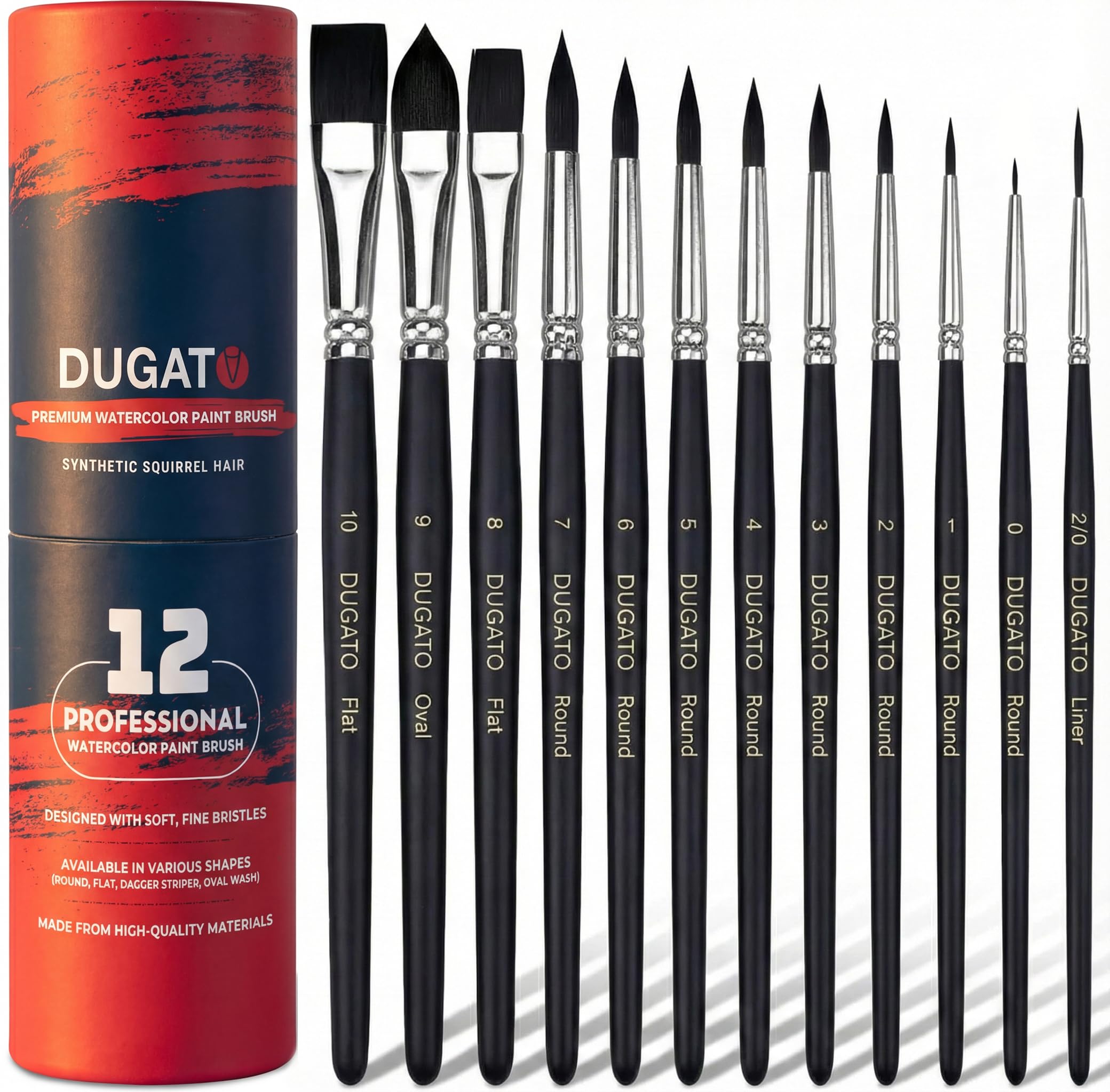 Watercolor Brushes Professional, DUGATO 12pc Artist Paint Brush Set - Synthetic Bristles (Round, Flat, Liner, Oval) for Watercolor Gouache Inks