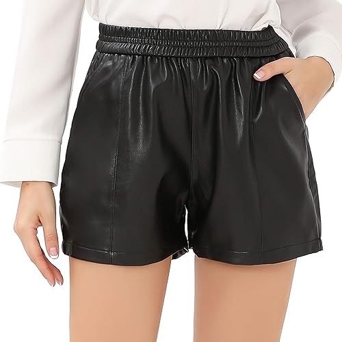 Vista 5 de Pantalones cortos casuales de piel sintética negra con cintura elástica para mujer con bolsillos