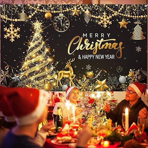 Miniatura 4 de Fondo de fiesta de Feliz Navidad, fondo de pancarta de oro negro para árbol de Navidad y fotografía de Nochevieja, suministros de decoración para