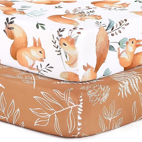 Pack n Play Sheets, BROLEX 2 Pack Mini Crib Sheets,Stretchy Portable Fitted Playard Sheet Set, Convertible Playard Mattress Cover,Ultra Soft Breathable Material,Squirrel & Foliage