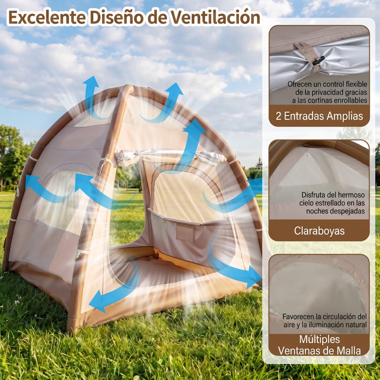 COSTWAY Tienda de Campaña para 2-4 Persona, Tienda de Campaña Hinchable con Bomba de Aire, Puertas y Ventanas de Malla, Estacas y Cuerdas de Sujeción, Bolsa de Transporte, 208 x 208 x 196 cm