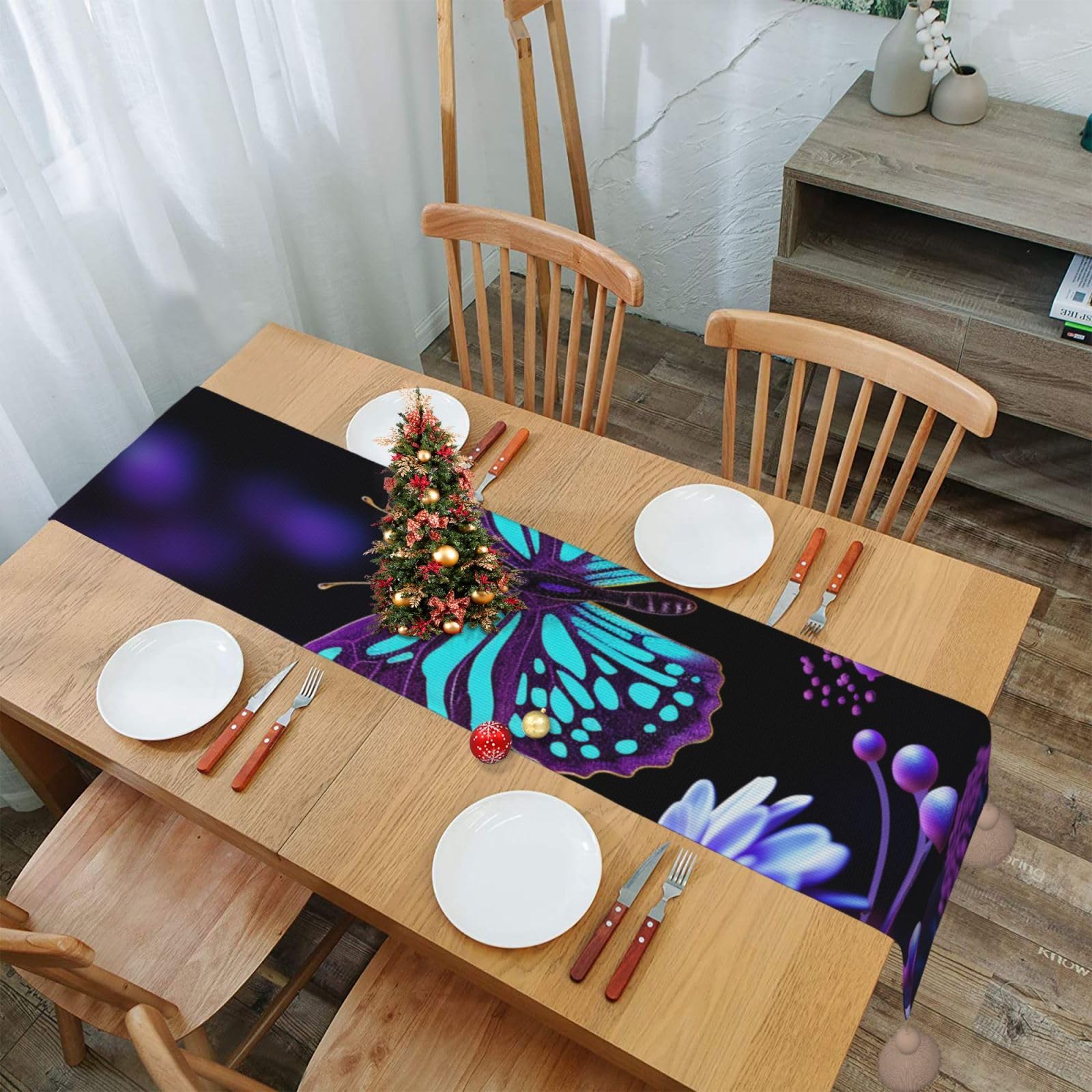 Chemin de table papillon fleurs 152 cm idéal pour offrir en décoration de table de Noël