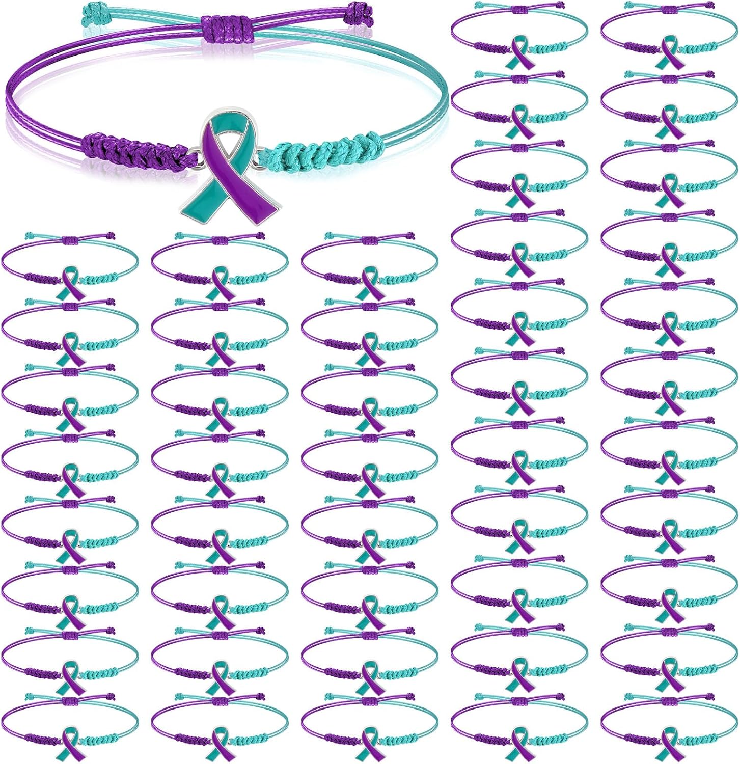 Sasylvia 20/100/150 Pcs Suicide Prevention Awareness Bracelets Adjustable Cord Purple Teal Ribbon Braided Bracelets Inspirational Suicide Prevention Gifts for Women Men Jewelry Accessories