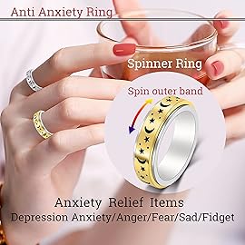 LuckyAmor Anxiety Ring for Women Spinner Rings:Rotating Rings Stainless Steel 6mm Moon Star Anxiety for Men Band Jewelry Gift for Women Size 6 7 8 9 10