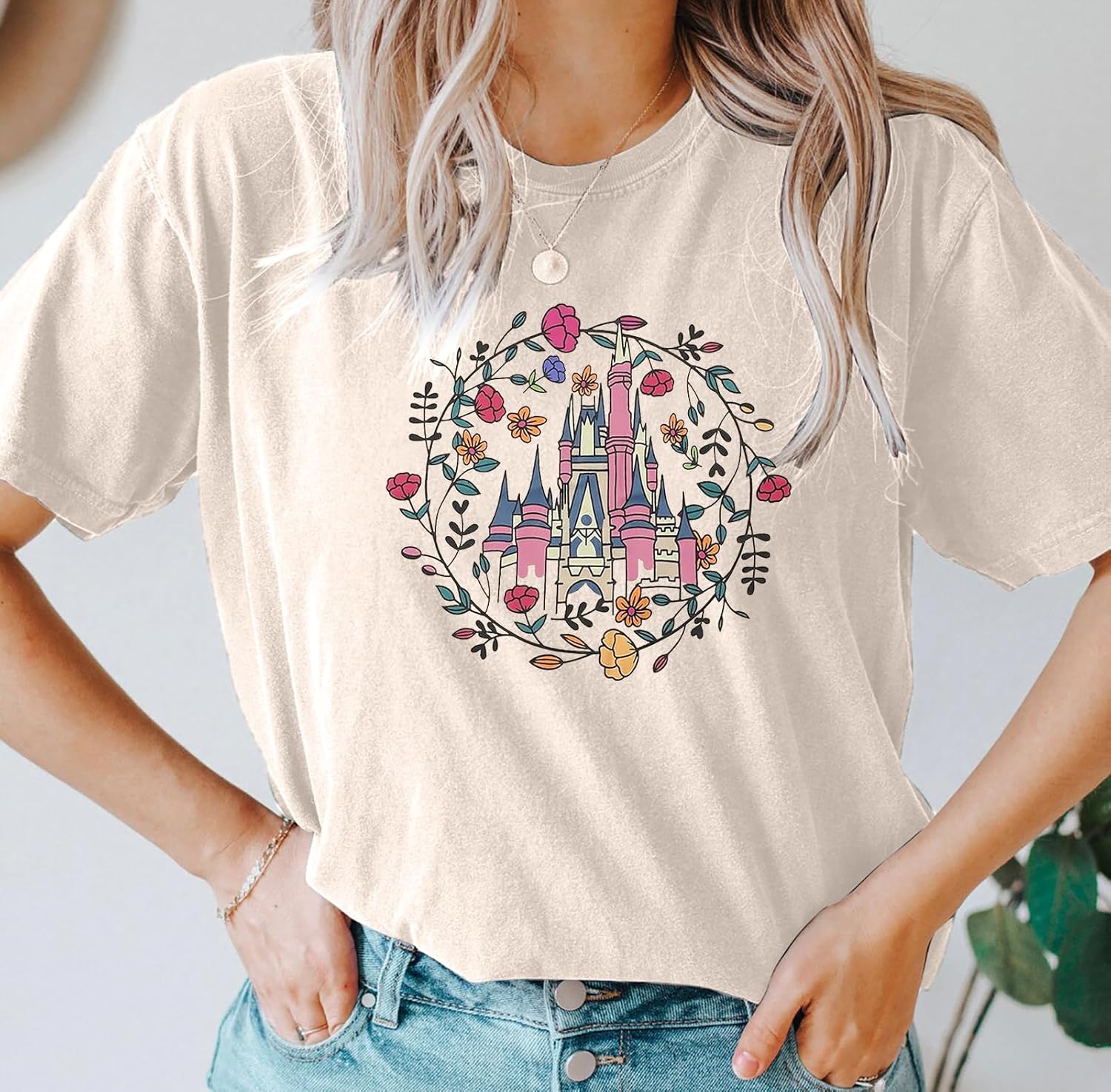 Magical Castle Shirts Women Magic Kingdom T Shirt Castle Flower Graphic Short Sleeve Tops Holiday Tee - Image 5