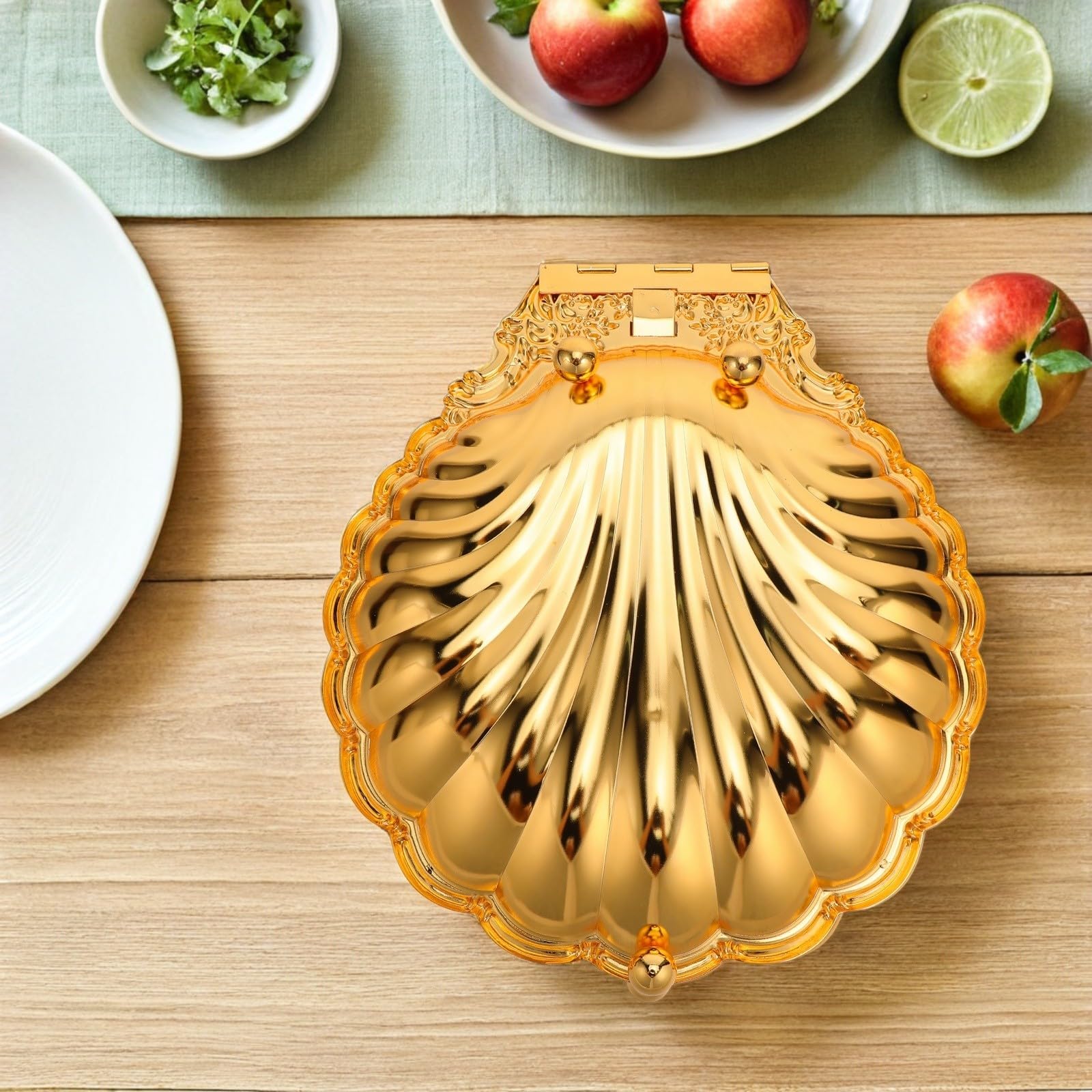 Bandeja de Concha de Metal Dorado de Aleación de Zinc, 35x31x9, 5 Cm | Diseño Abierto y Reutilizable, Estilo Vintage Clásico Artístico Ornamental Elegante, para Mesa de Frutas