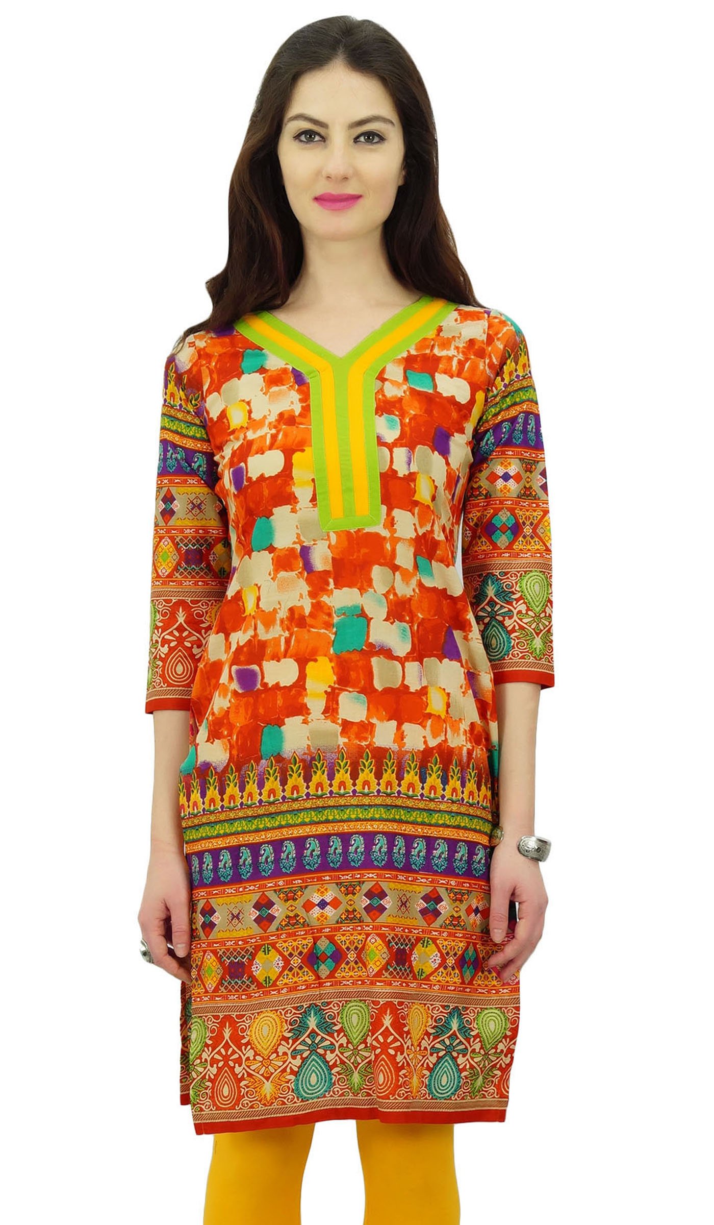 Phagun Women's Multicolour Indian Cotton Printed Straight Knee Length Casual Kurta Kurti, 16