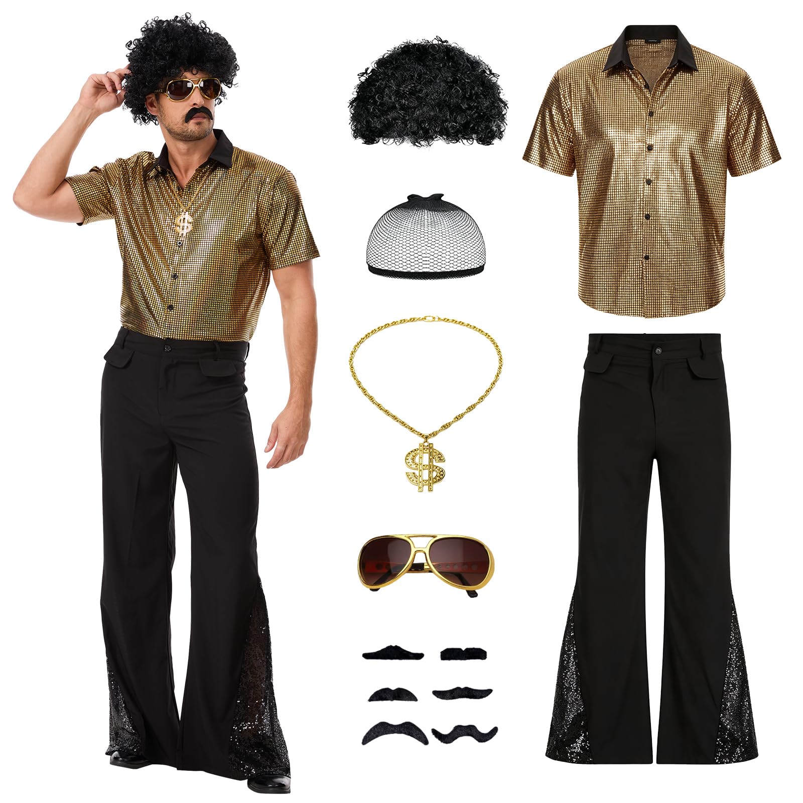 FJKVKDT 70s Disco Costume for Men - 7 Piece Set with Sequin Shirt, Flared Pants, Wig, Sunglasses, Dollar Necklace & Fake Mustaches - Halloween Retro Party Outfit (Gold, L)