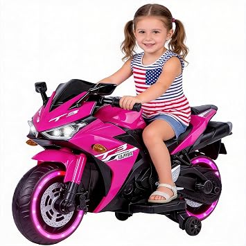 12V Kids Ride On Motorcycle with Training Wheels, Pink | Plastic body, manual throttle, foot brake, USB/MP3 music, headlight, light-up wheels, 46"L x 20"W x 26"H, ages 3-6