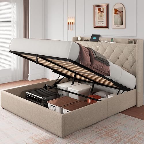 iPormis Base de cama de almacenamiento elevable de tamaño completo con estación de carga, base de cama de plataforma tapizada con cabecera capitoné,