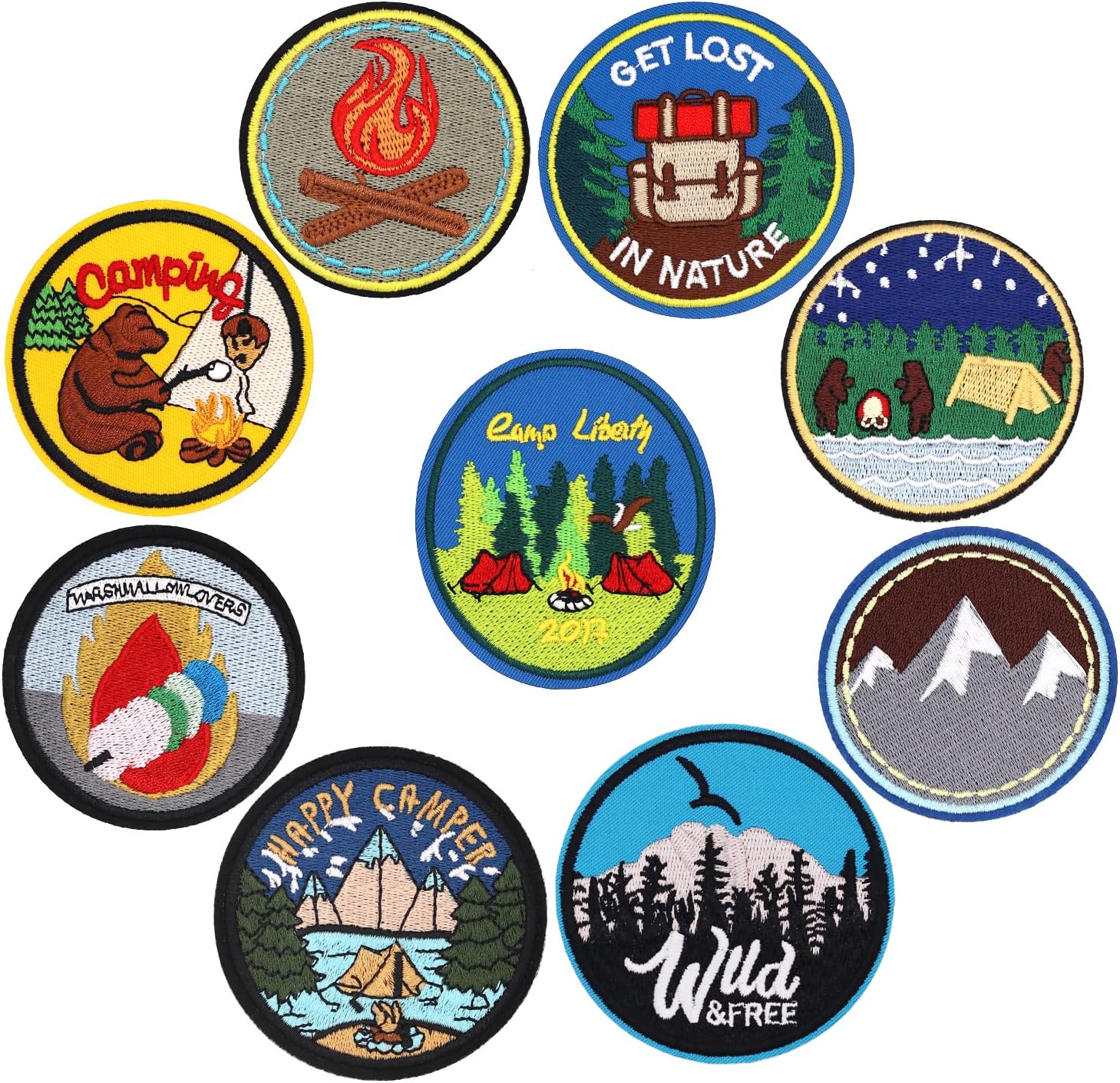 9pcs Outdoor Round Camper Iron on Patches Embroidered Motif Applique Decoration Sew On Patches Custom Patches for DIY Jeans,Jacket,Clothes,Bag,Backpack,Cap,Arts Craft Sew Making (Camper 9pcs)