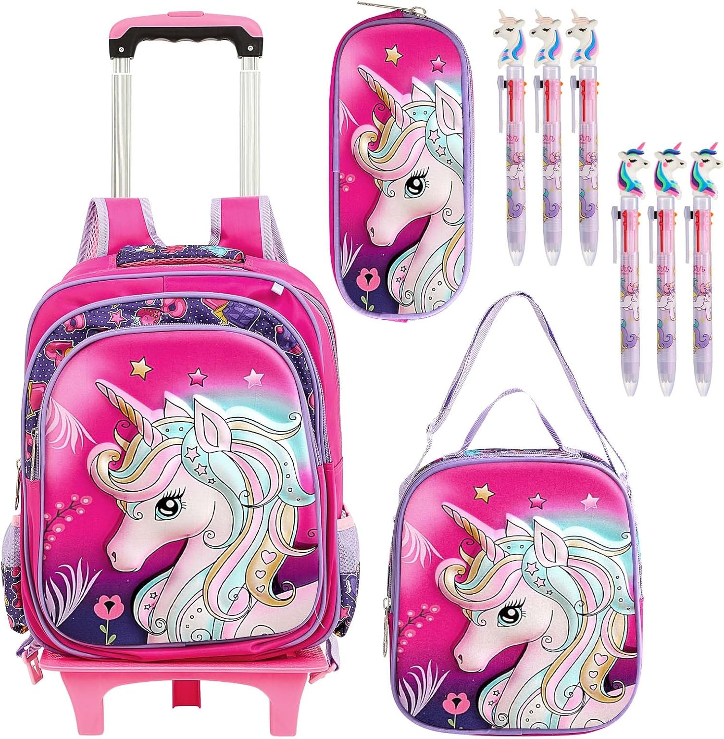 Sanwuta 4 Pcs Kids Luggage Set Unicorn Suitcase School Bag