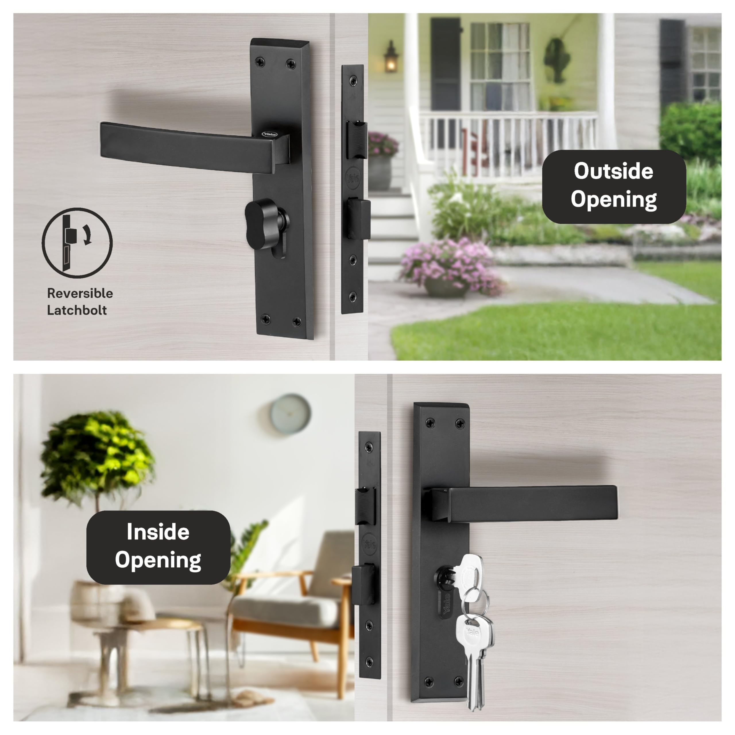 Yale YECM-405-8P-TT-BM Mortise Door Lock for Bedroom/Home/Office/Hotel Suitable for Left/Right Handed Doors, Handle Set Comes with 8" Backplate Thumb Turn, 3 Keys Cylinder and Lock Body (Black Matt) 4