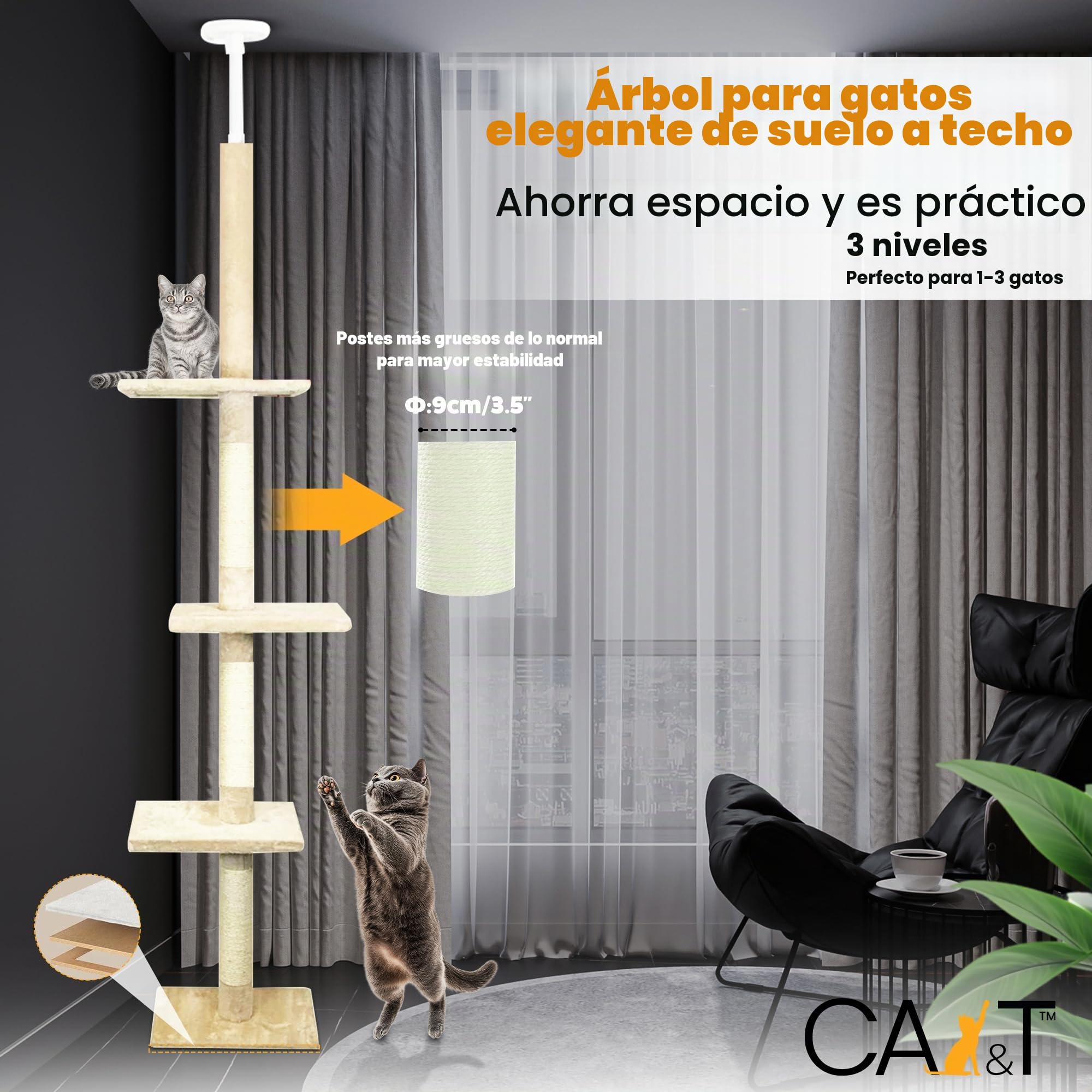 Poste escalador y rascador de suelo a techo para gatos