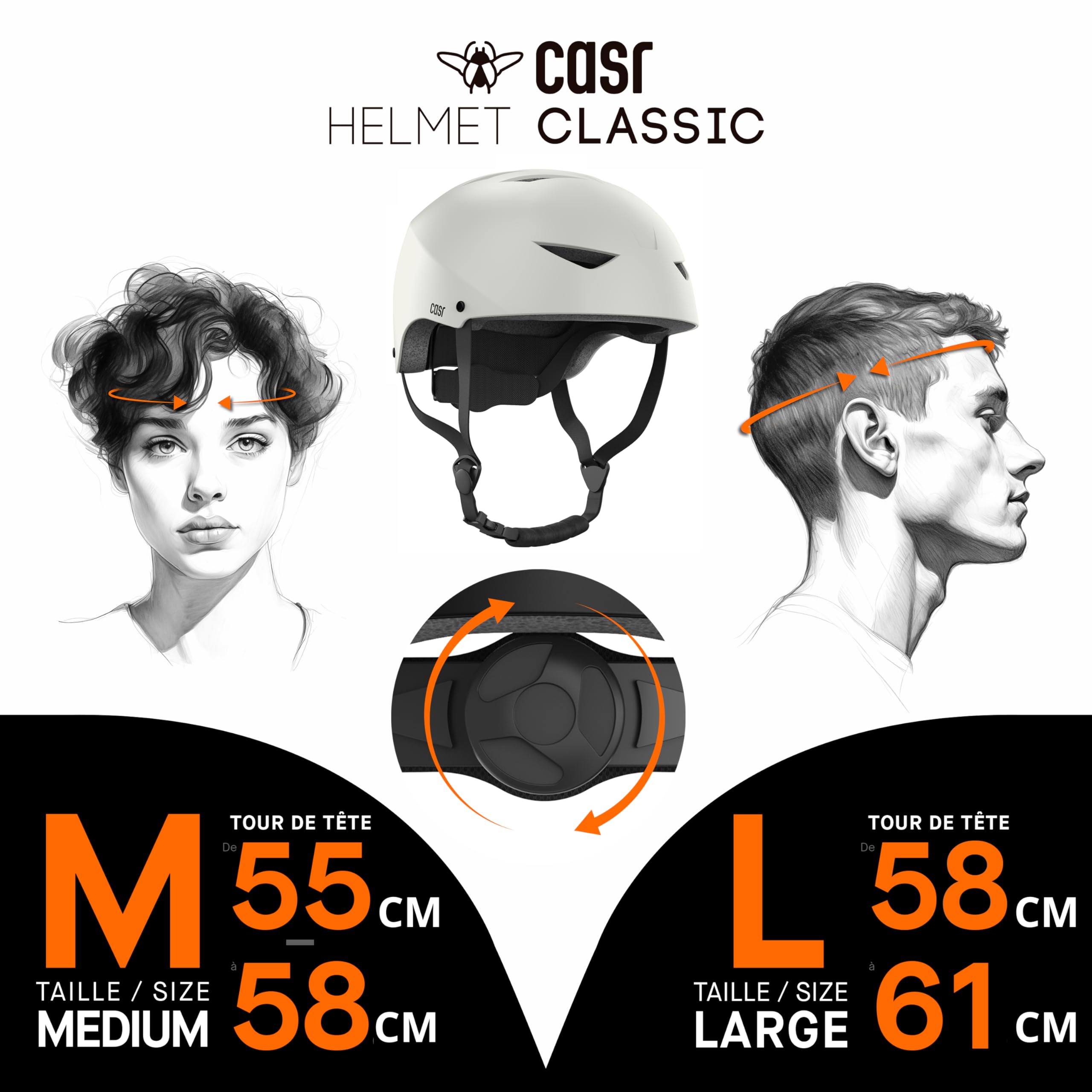 Casque Bol Certifié EPI pour Skate Vélo & Trottinette Electrique Clip de Serrage Ajustable Sangles en Nylon Gris Taille L