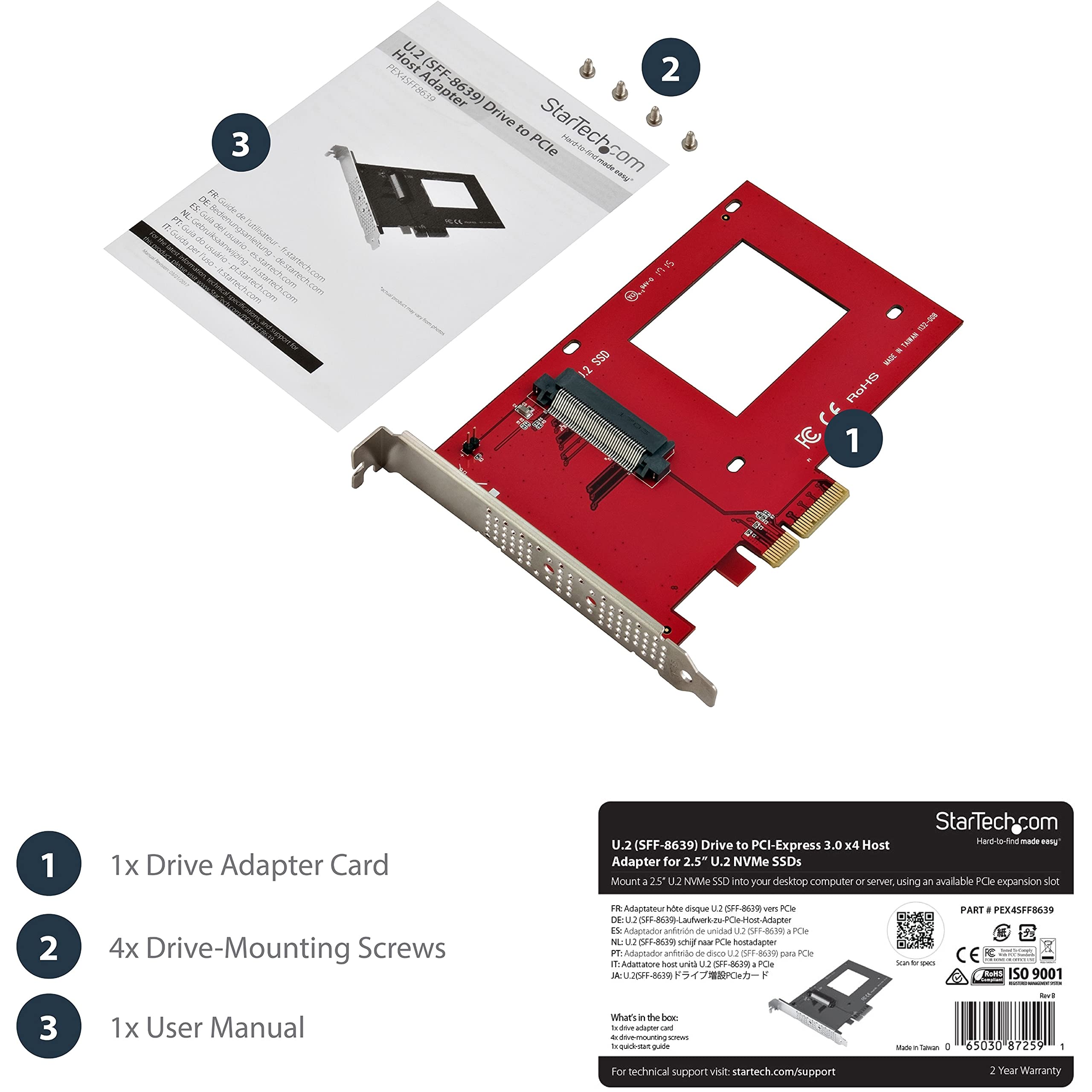 StarTech.com U.2 auf PCIe Adapter für 2,5" NVMe SSD SFF 8639 4x PCI Express 3.0 Karte Schnittstellenadapter 6,4 cm 2.5" Ultra M.2 Card x4 Rot
