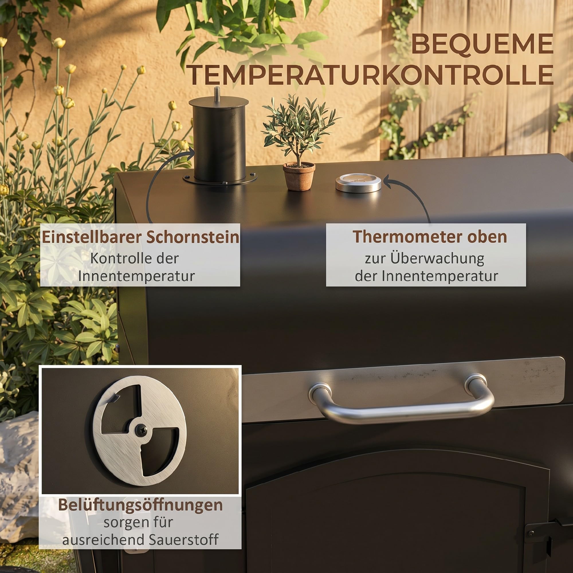 Outsunny Barbacoa de carbón vegetal con tapa y estantes, parrilla de pie con estantes para ahumar, placa de calentamiento, ruedas de transporte para fiestas en el jardín, metal, 124 x 66 x 112 cm