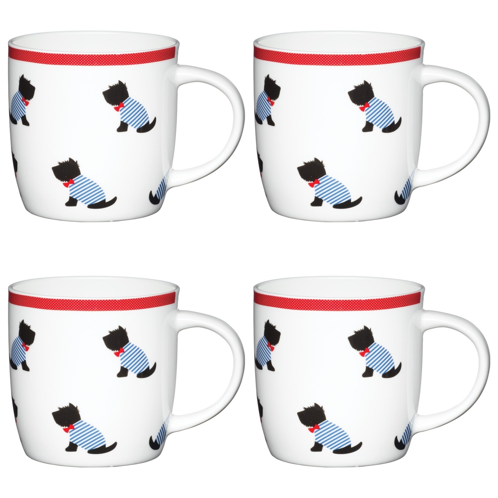 Kitchencraft White Fine Bone China 'Sitting Westies' Dog-Patterned Barrel Mugs, 425 Ml - (Set Of 4)