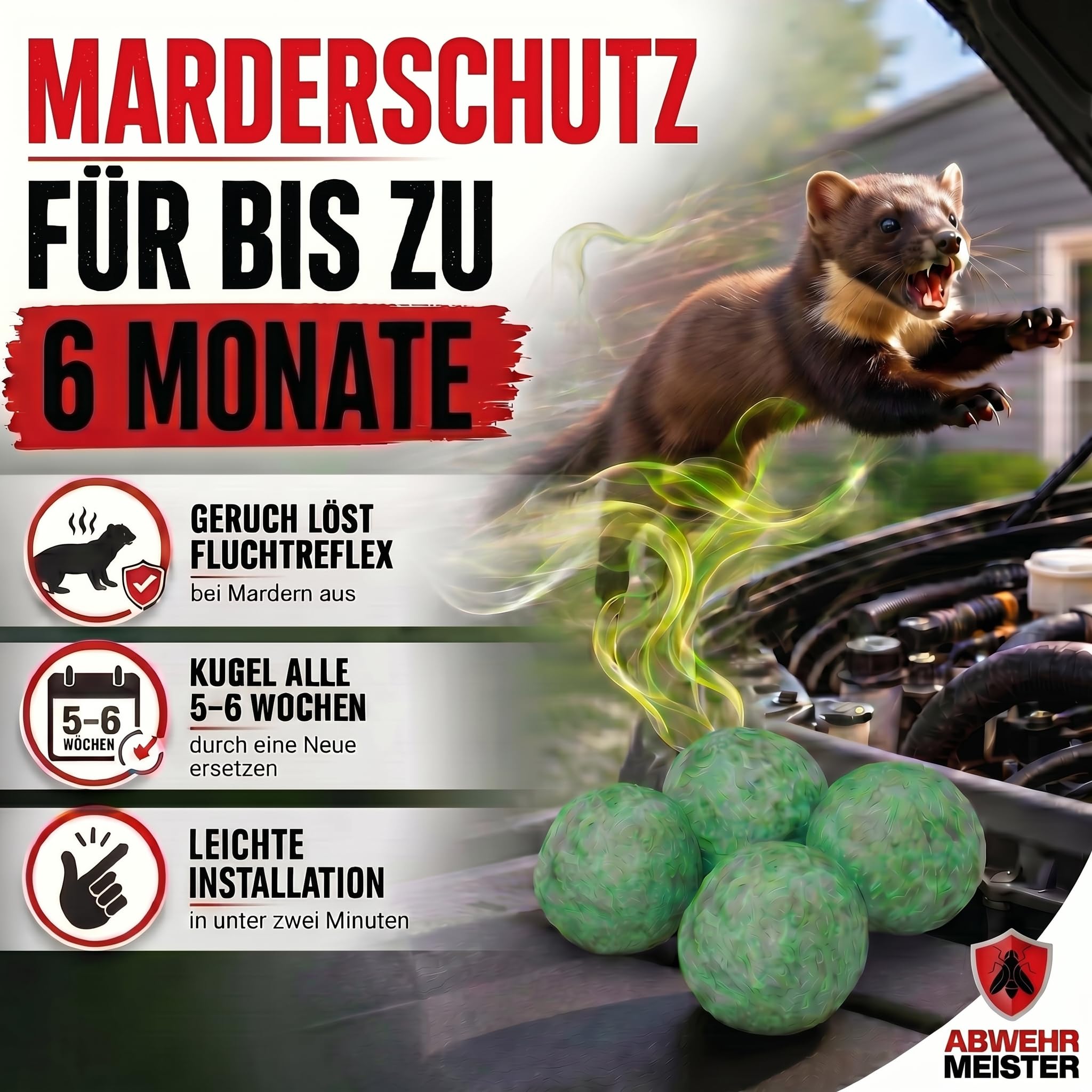 ORIGINAL 4X Marderschreck-Kugeln inkl. PKW-Halterung, Marderschreck Auto mit Sofortwirkung, bis zu 6 Monate Schutz, Marderabwehr zum Schutz vor Marder im Motorraum, Made in Germany