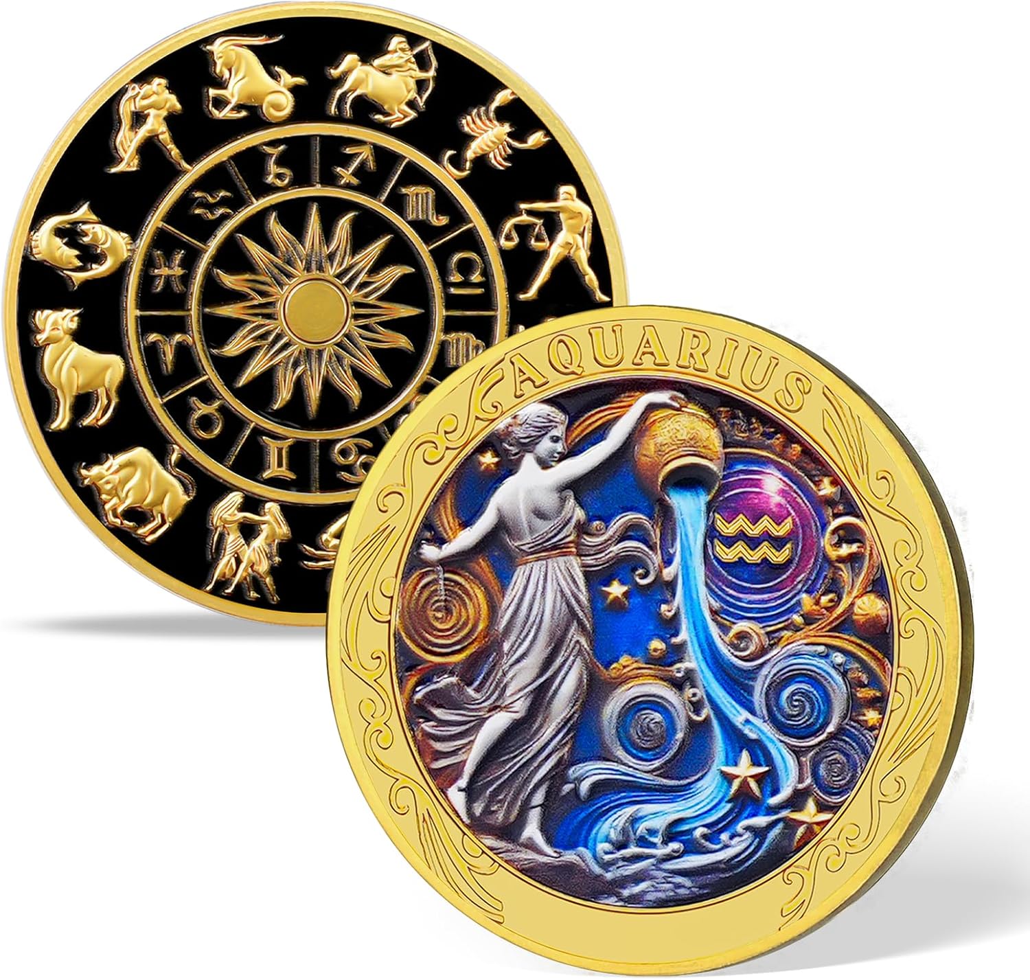12 Constellation Challenge Coin, Aquarius Coin - 1 Oz Golden Plated Token in Capsule, Astrology and Zodiac Gifts, Ideal Novelty Individual Collectible Gift