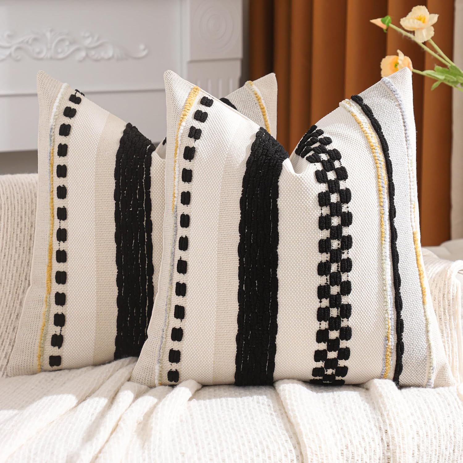 Boho Throw Pillow Covers 18x18 inch Set of 2 Black and Cream Pillow Covers Stripe Tufted Decorative Pillow Case Accent Chenille Pillowcase Farmhouse Patterned Cushion Case for Spring Home Decor