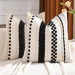 Tosleo Beige and Black Throw Pillow Covers 18x18 Set of 2 Boho Striped Decorative Pillow Cases Accent Chenille Pillowcases Farmhouse Patterned Cushion Case Bohemian Nuetral Textured Pillow Cover