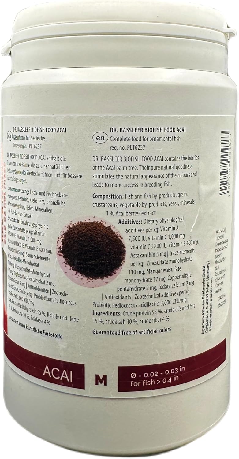 Bassleer Biofish Food ACAI – Medium Granules (600 g) | Premium Aquarium Fish Food with Acai Superfruit, Omega-3 & Antioxidants | Scientifically Balanced Nutrition for Color, Vitality & Health